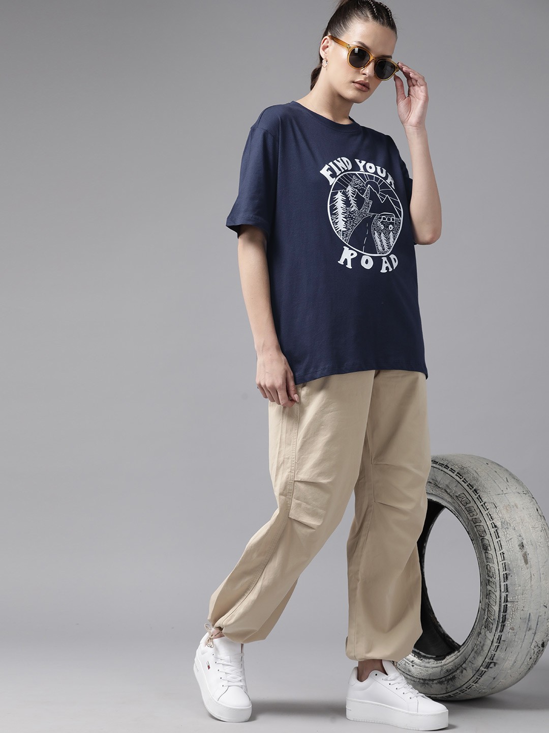 

Roadster Women Printed Pure Cotton Oversized T-shirt, Navy blue