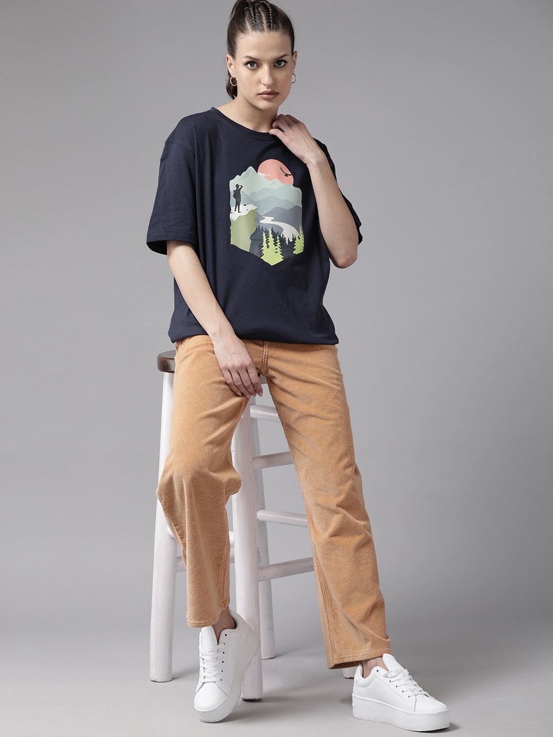

Roadster Women Printed Pure Cotton Oversized T-shirt, Navy blue