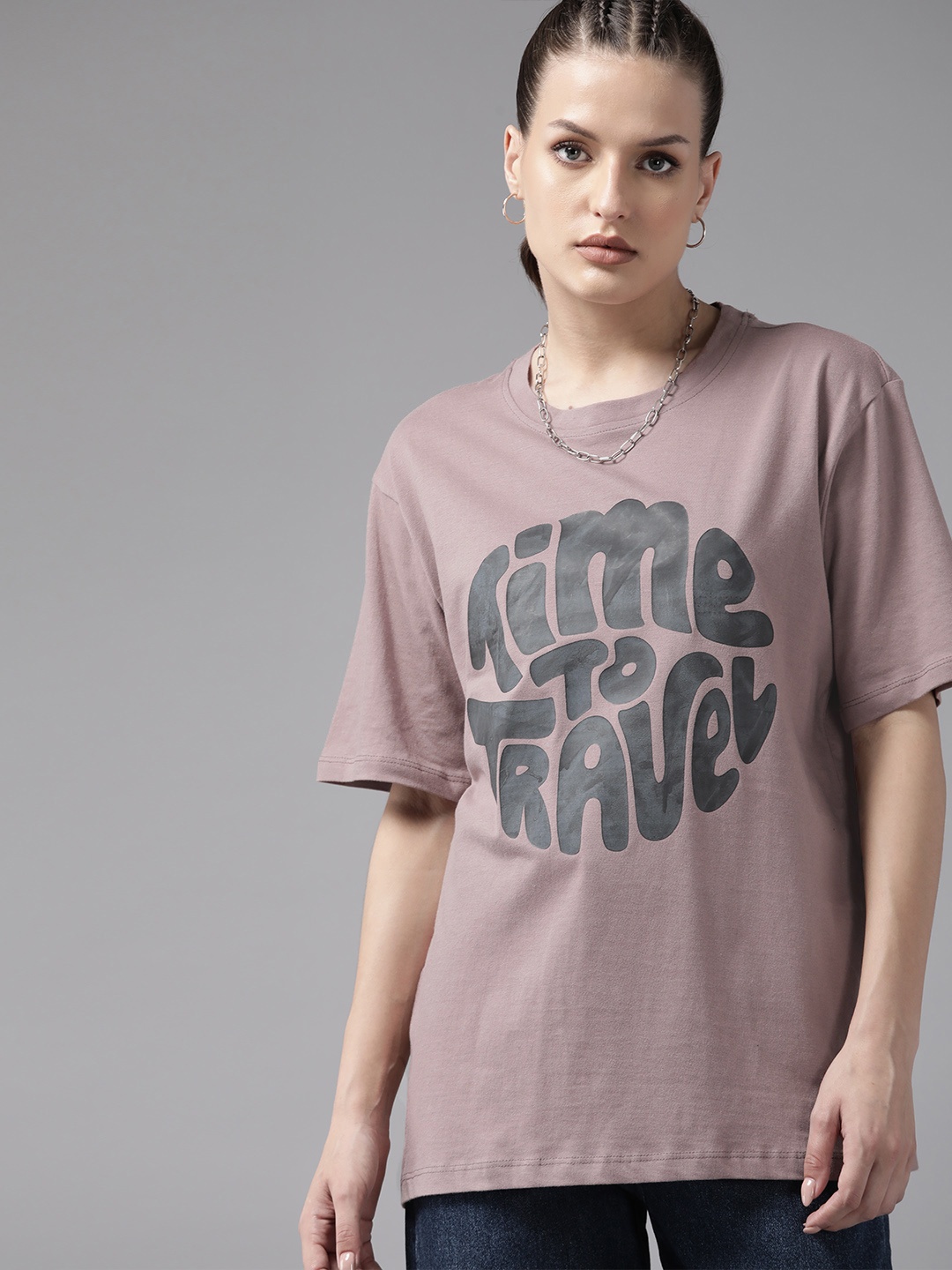 

Roadster Women Typography Printed Pure Cotton Oversized T-shirt, Mauve