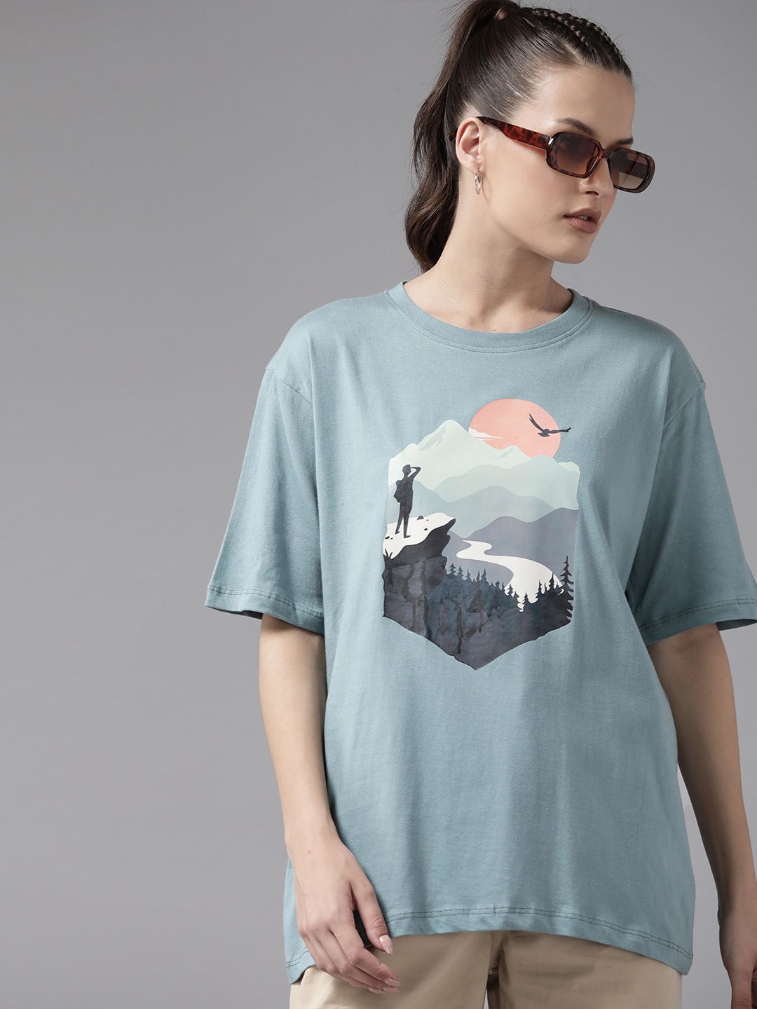 

Roadster Women Printed Pure Cotton Oversized T-shirt, Turquoise blue