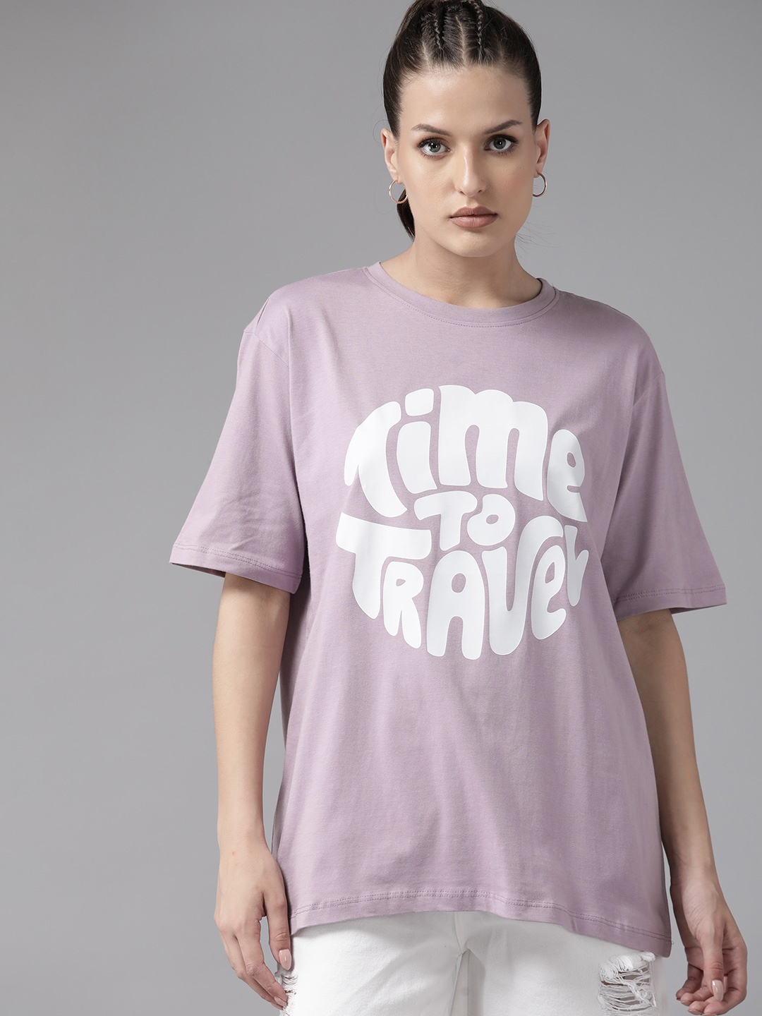 

Roadster Women Typography Printed Pure Cotton Oversized T-shirt, Lavender