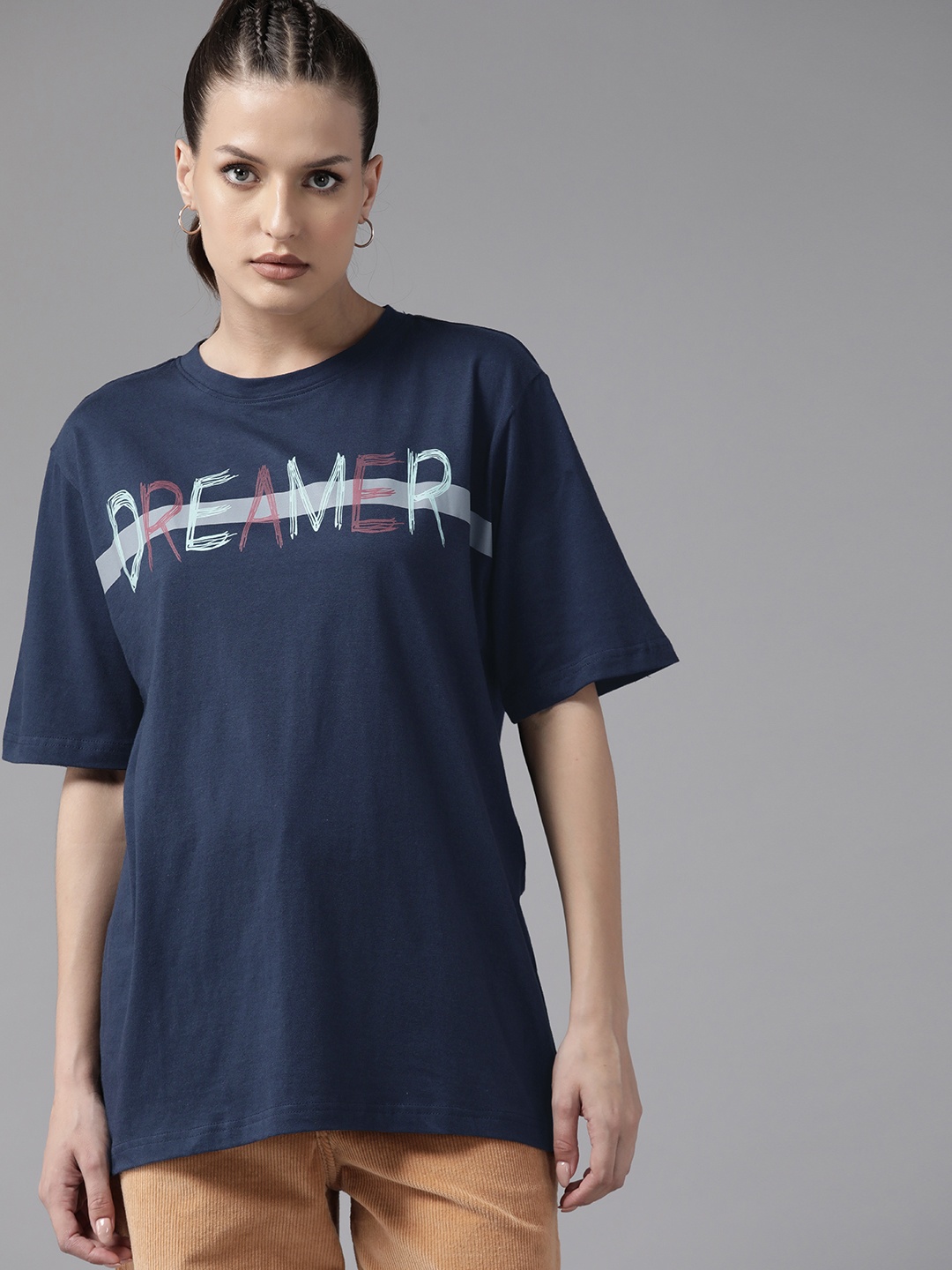 

Roadster Women Typography Printed Pure Cotton Oversized T-shirt, Navy blue