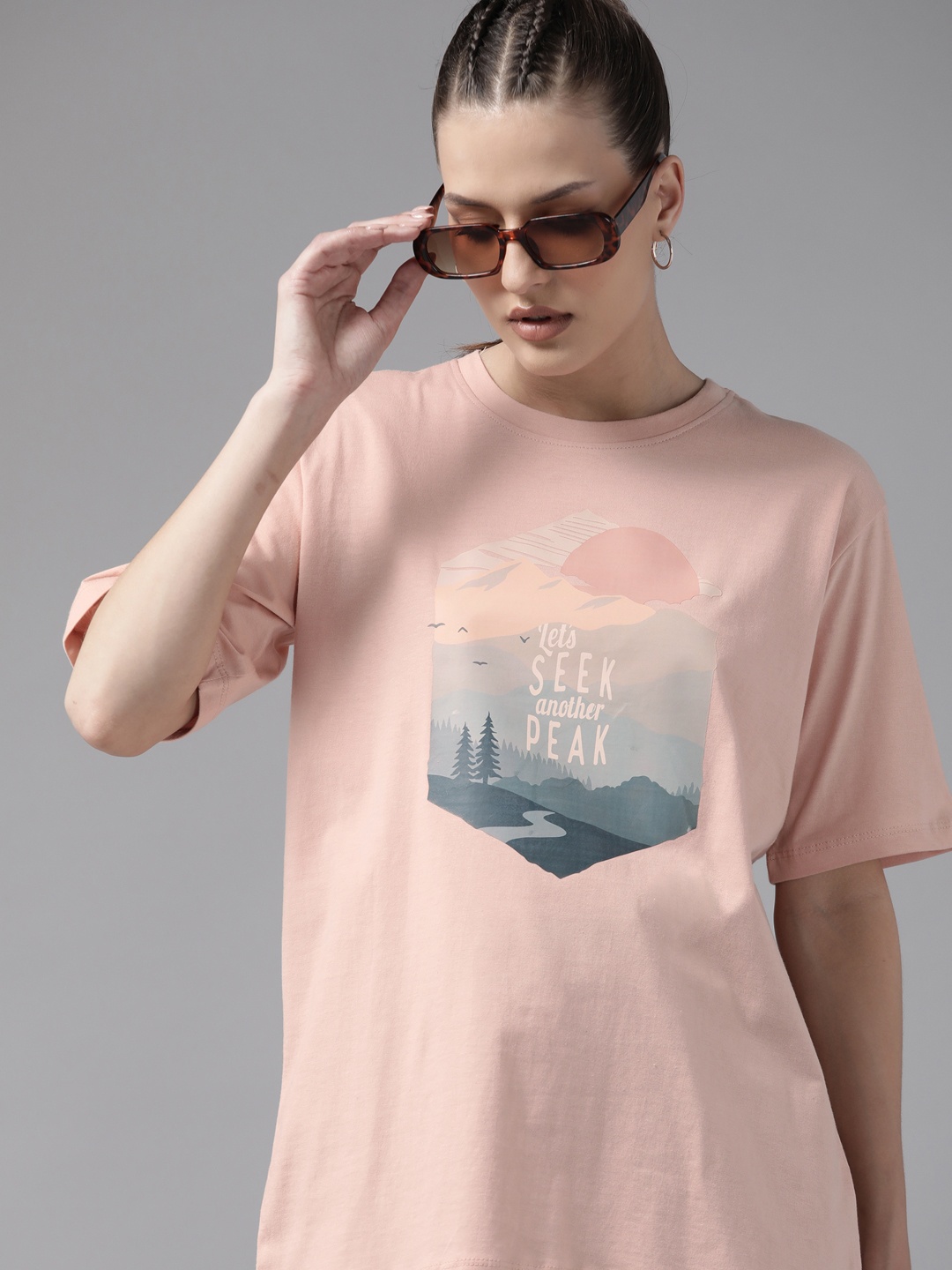 

Roadster Women Printed Pure Cotton Oversized T-shirt, Peach