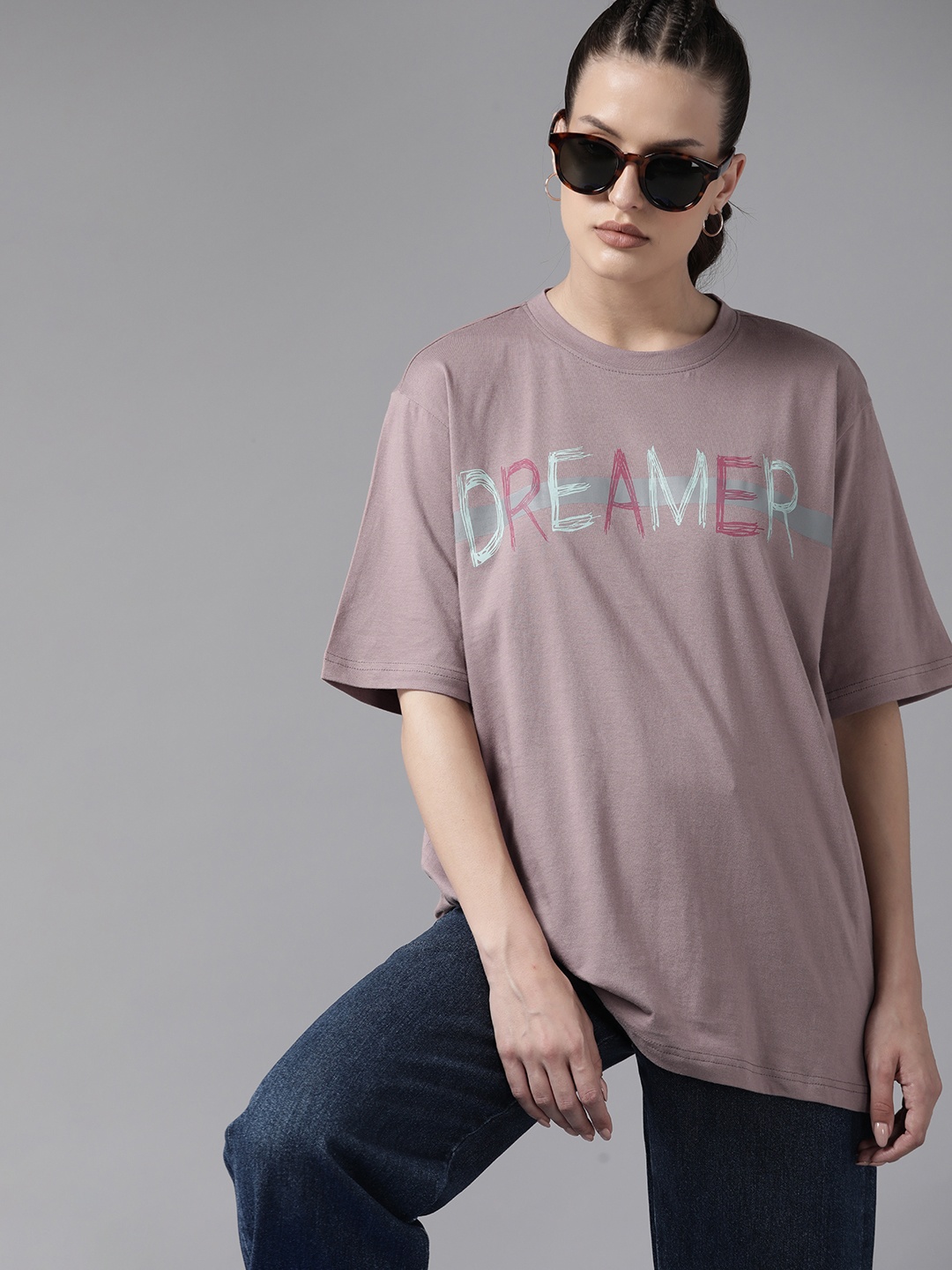 

Roadster Women Typography Printed Pure Cotton Oversized T-shirt, Mauve