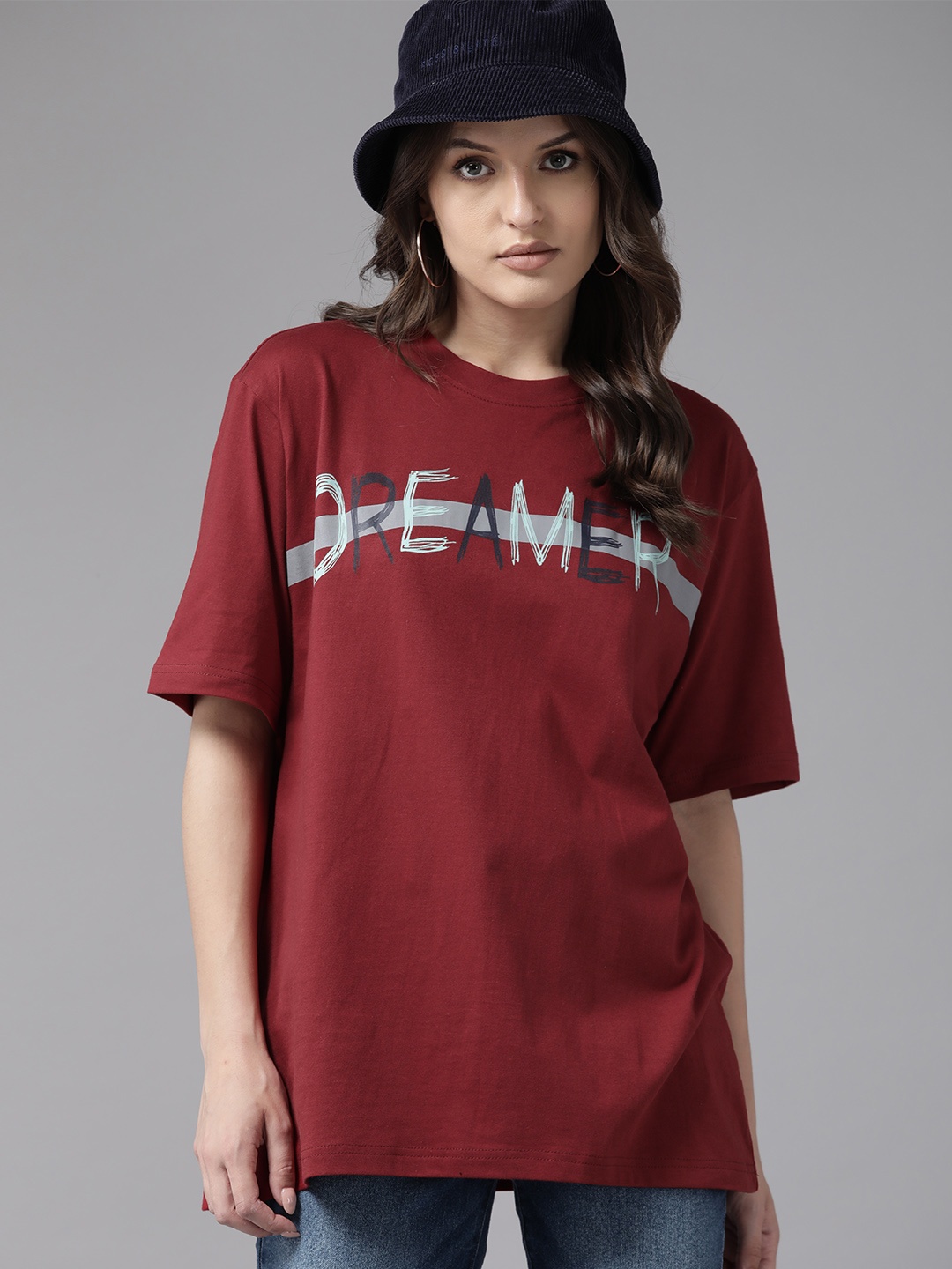 

Roadster Women Typography Printed Pure Cotton Oversized T-shirt, Maroon