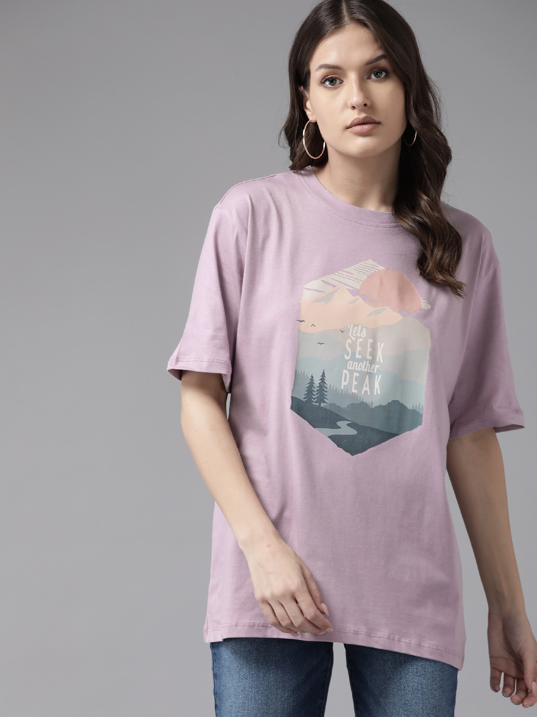 

Roadster Women Printed Pure Cotton Oversized T-shirt, Lavender