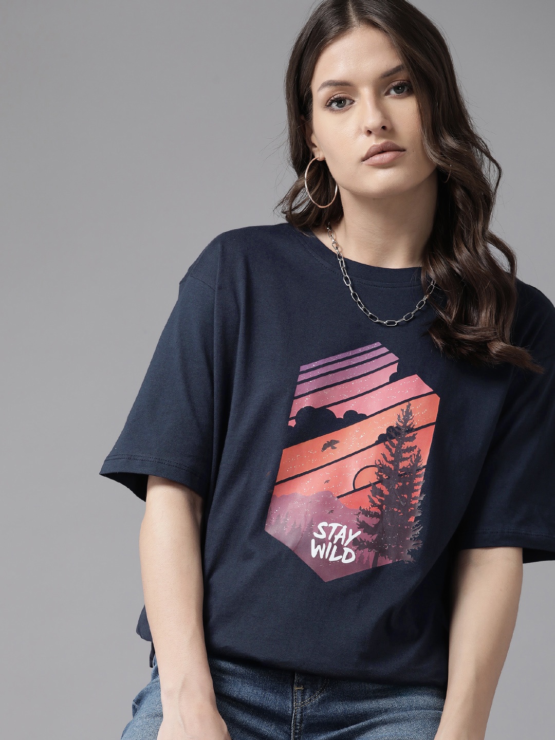 

Roadster Women Printed Pure Cotton Oversized T-shirt, Navy blue