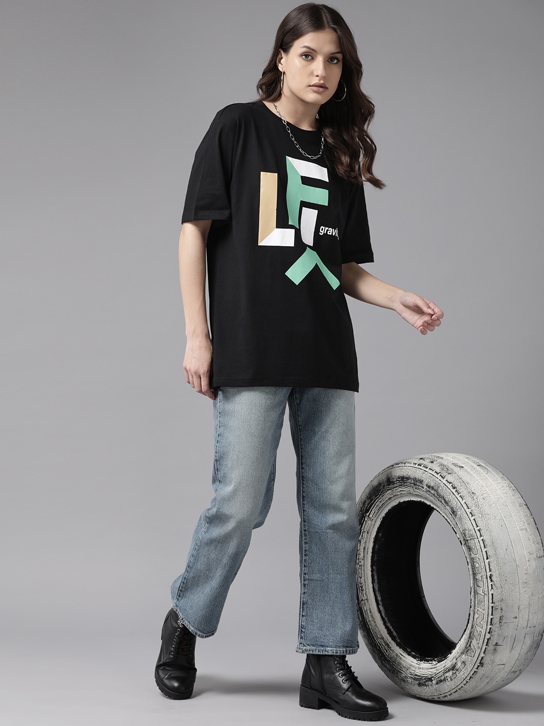 

Roadster Women Typography Printed Pure Cotton Oversized T-shirt, Navy blue