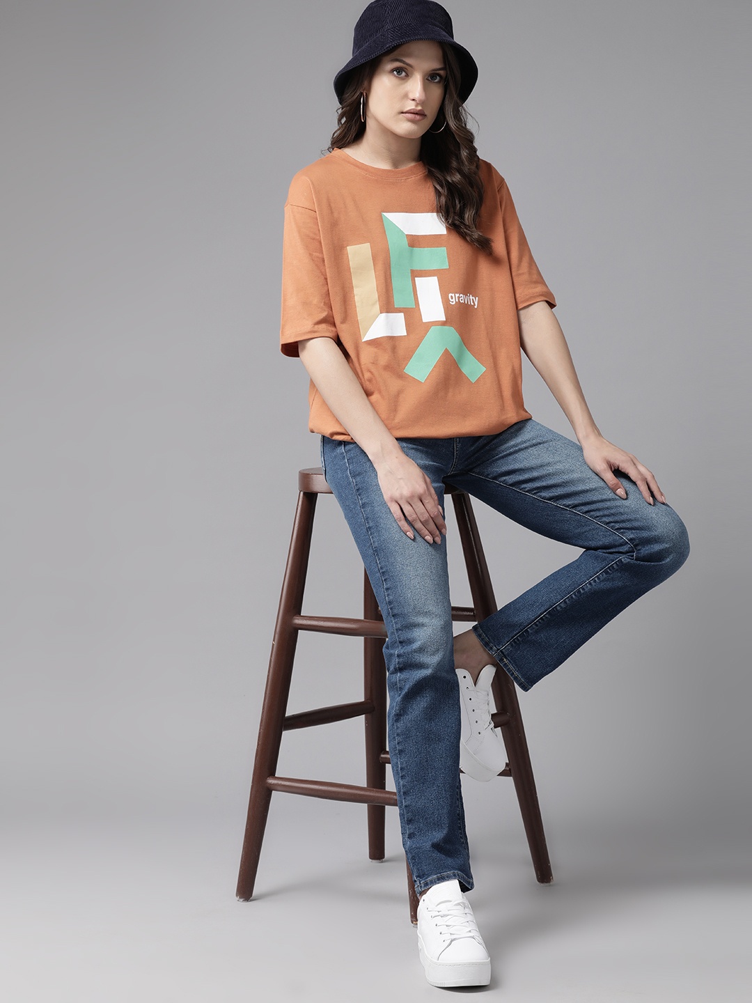 

Roadster Women Typography Printed Pure Cotton Oversized T-shirt, Rust