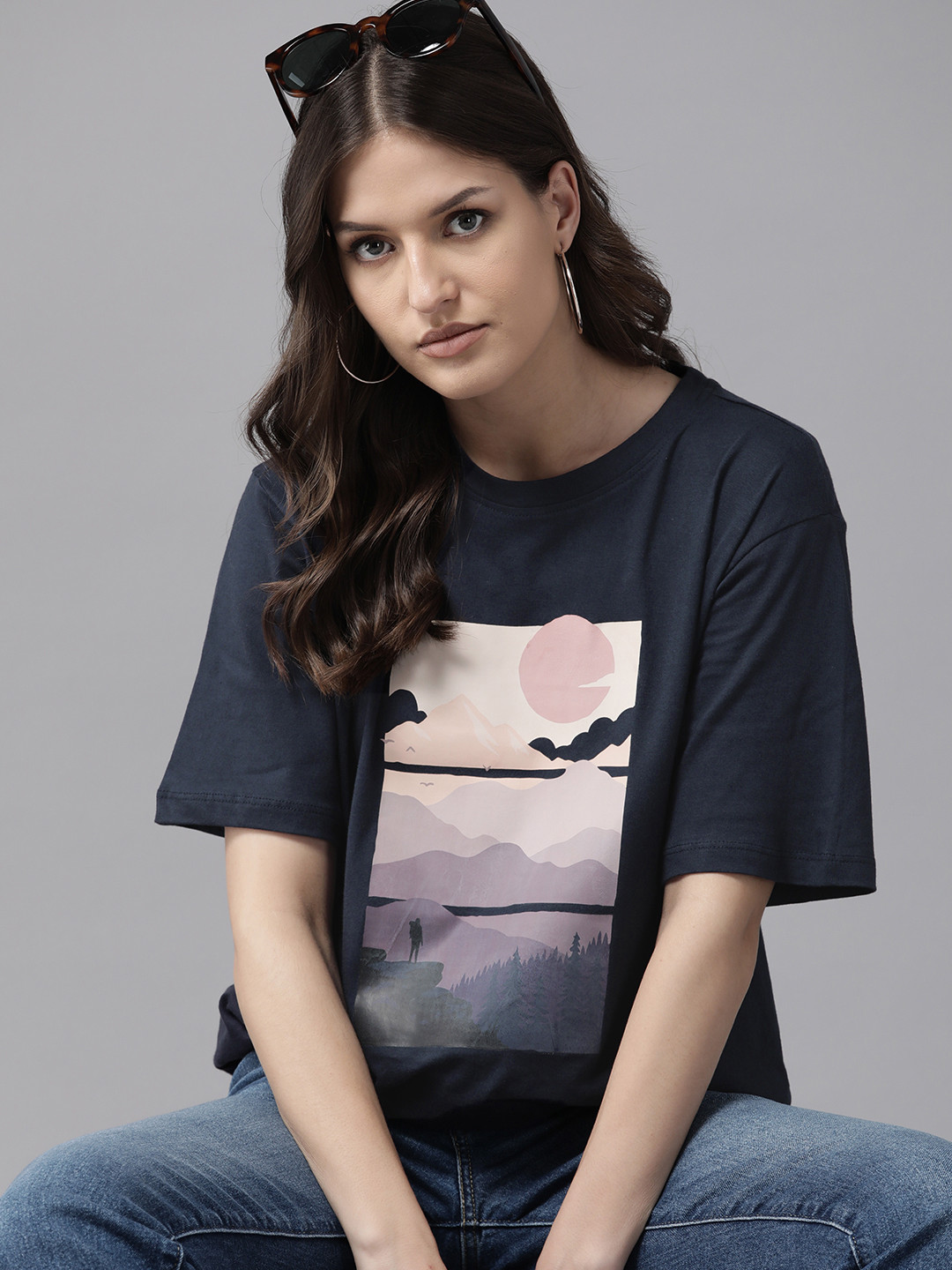 

Roadster Women Printed Pure Cotton Oversized T-shirt, Navy blue