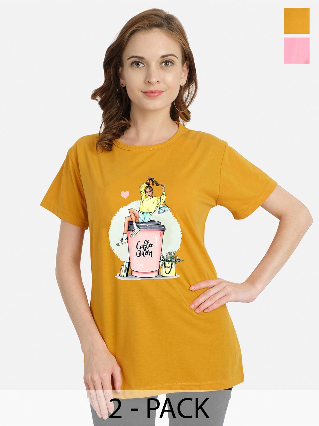 

CHOZI Pack Of 2 Graphic Printed Cotton T-Shirt, Mustard