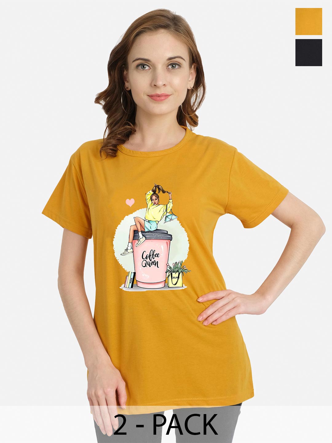 

CHOZI Pack Of 2 Graphic Printed Cotton T-shirts, Mustard