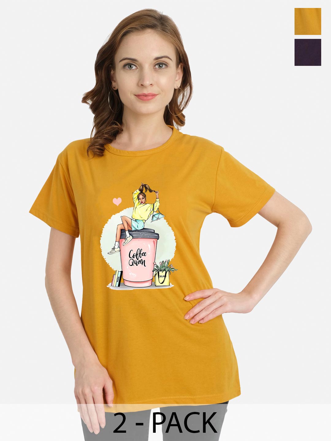 

CHOZI Pack Of 2 Graphic Printed Cotton T-shirt, Mustard