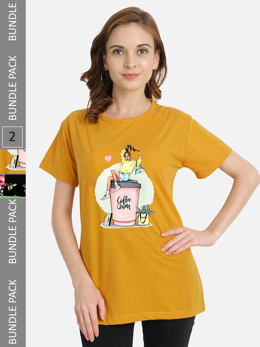 

CHOZI Pack of 2 Graphic Printed Cotton T-shirt, Mustard