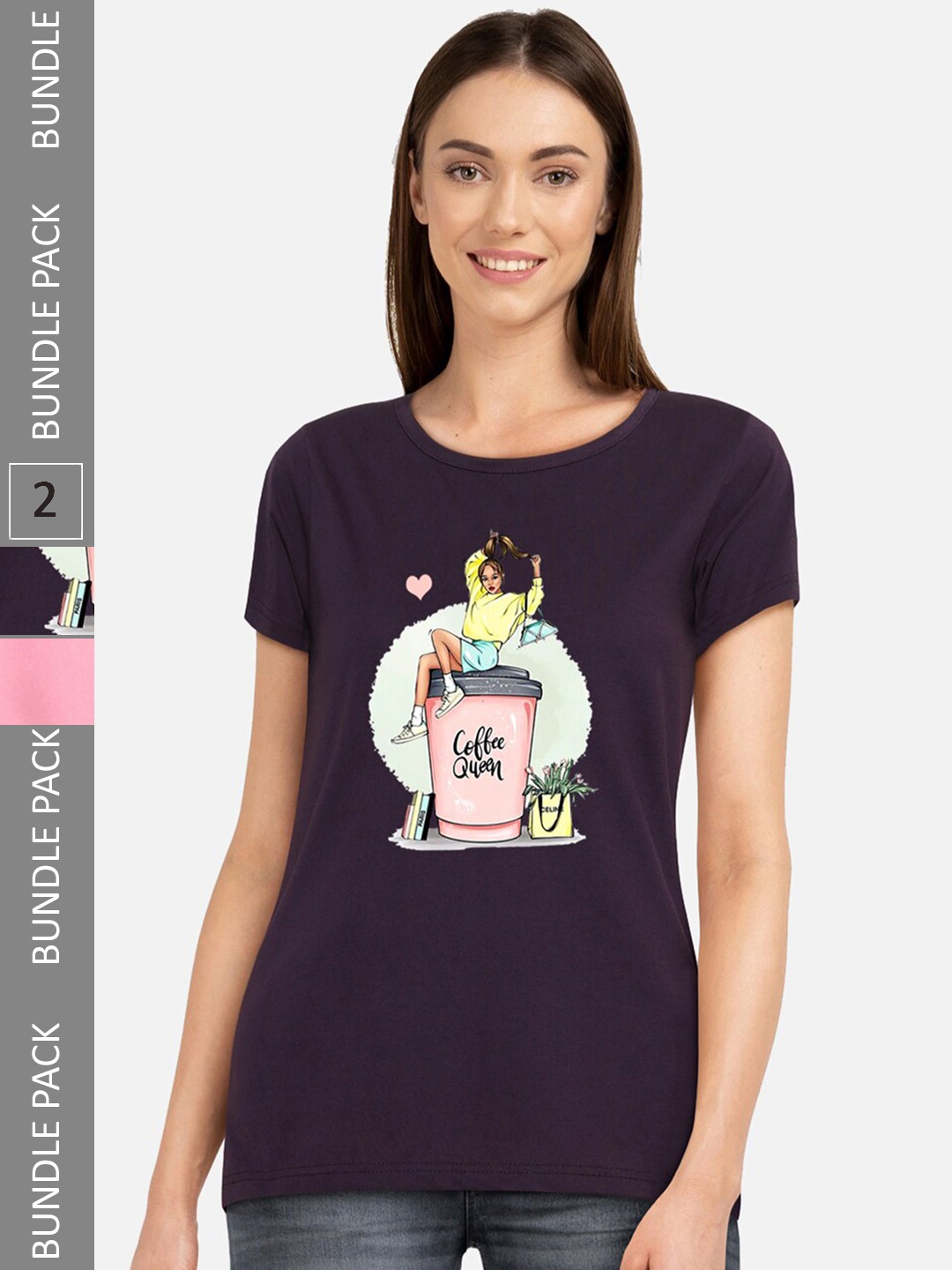 

CHOZI Pack of 2 Graphic Printed Cotton T-shirt, Purple