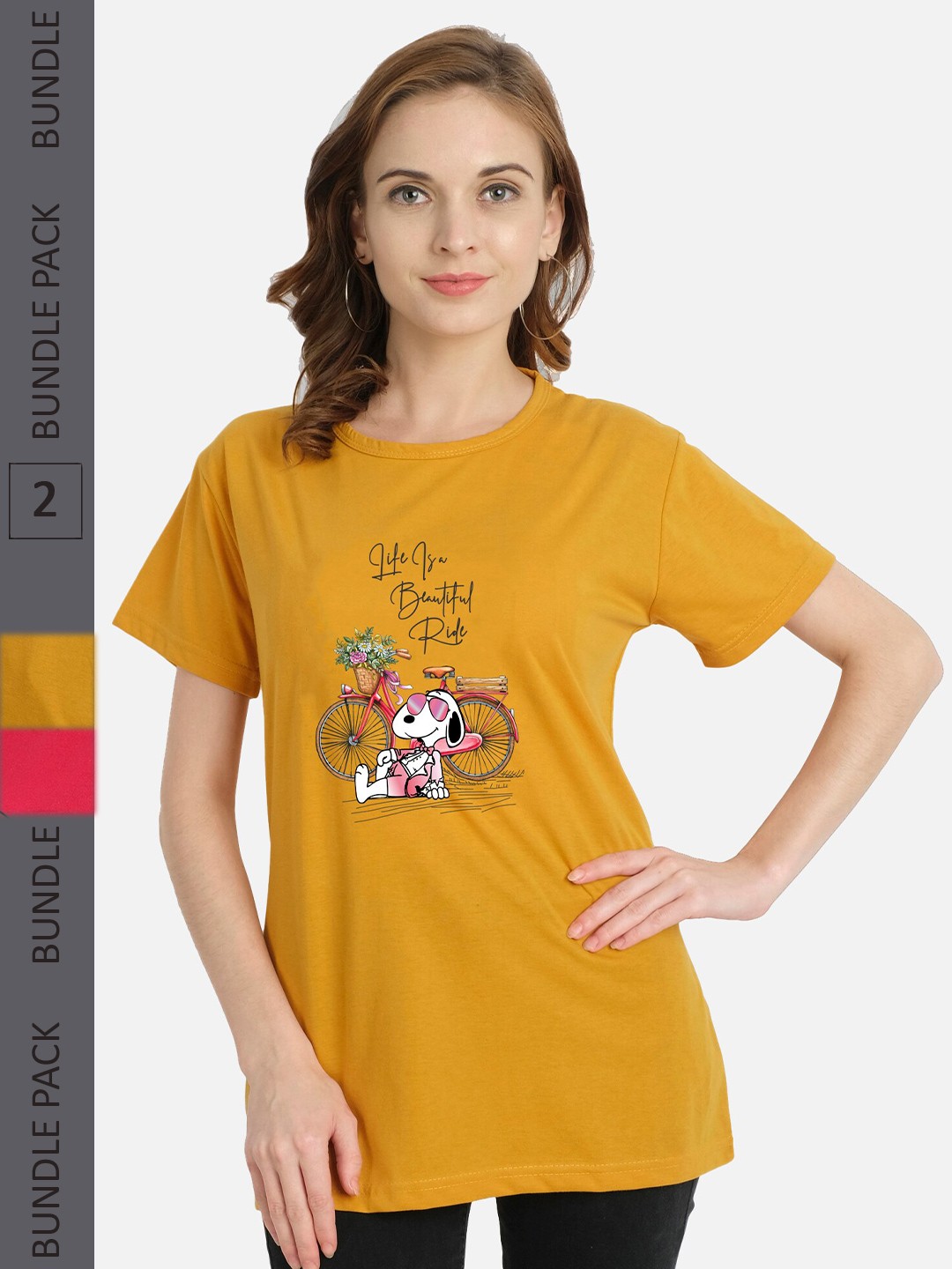 

CHOZI Pack Of 2 Printed Round Neck Cotton Regular T-shirts, Mustard