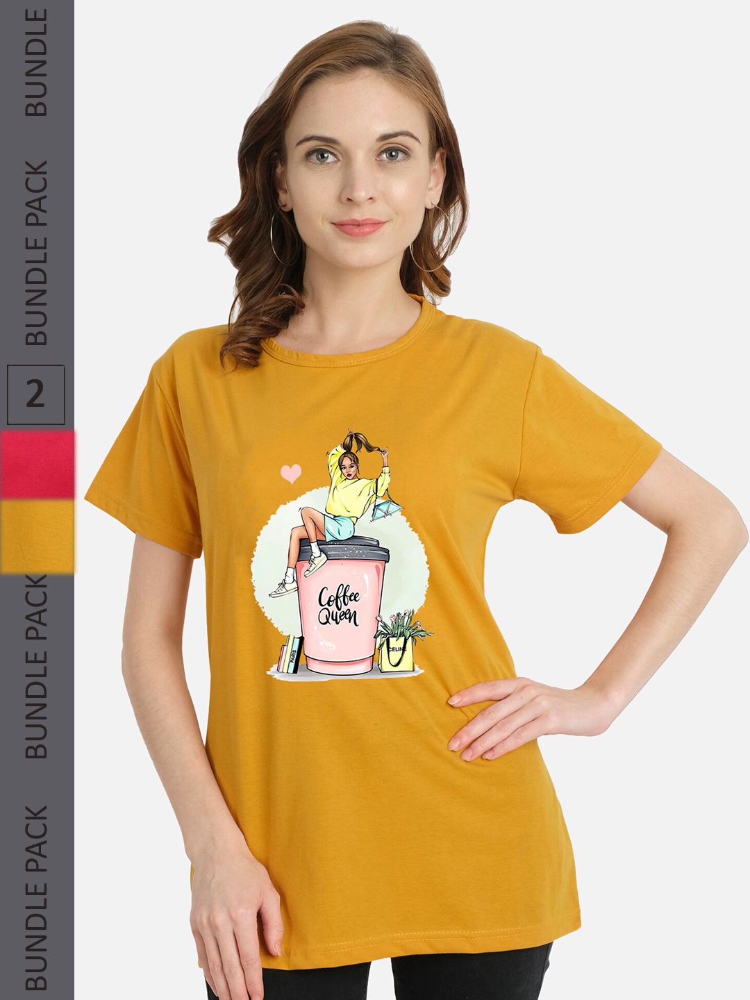 

CHOZI Pack of 2 Printed Cotton Knitted T-shirt, Mustard
