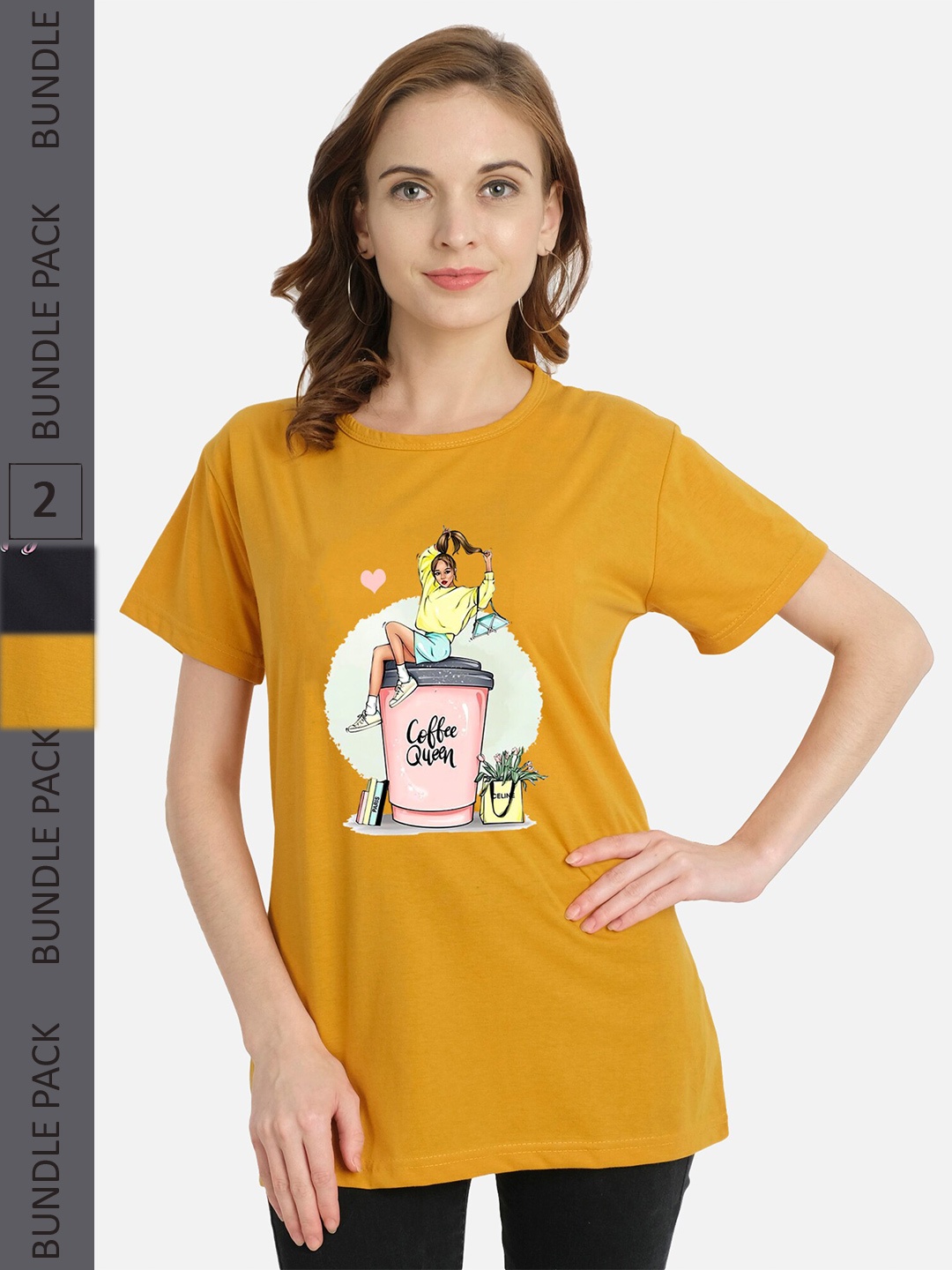 

CHOZI Pack of 2 Printed Cotton Knitted T-shirt, Mustard