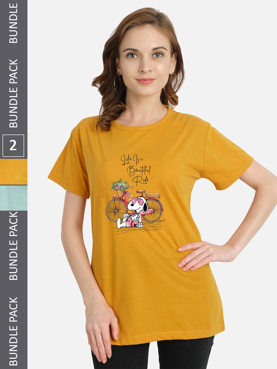 

CHOZI Pack of 2 Printed Cotton Knitted T-shirt, Mustard