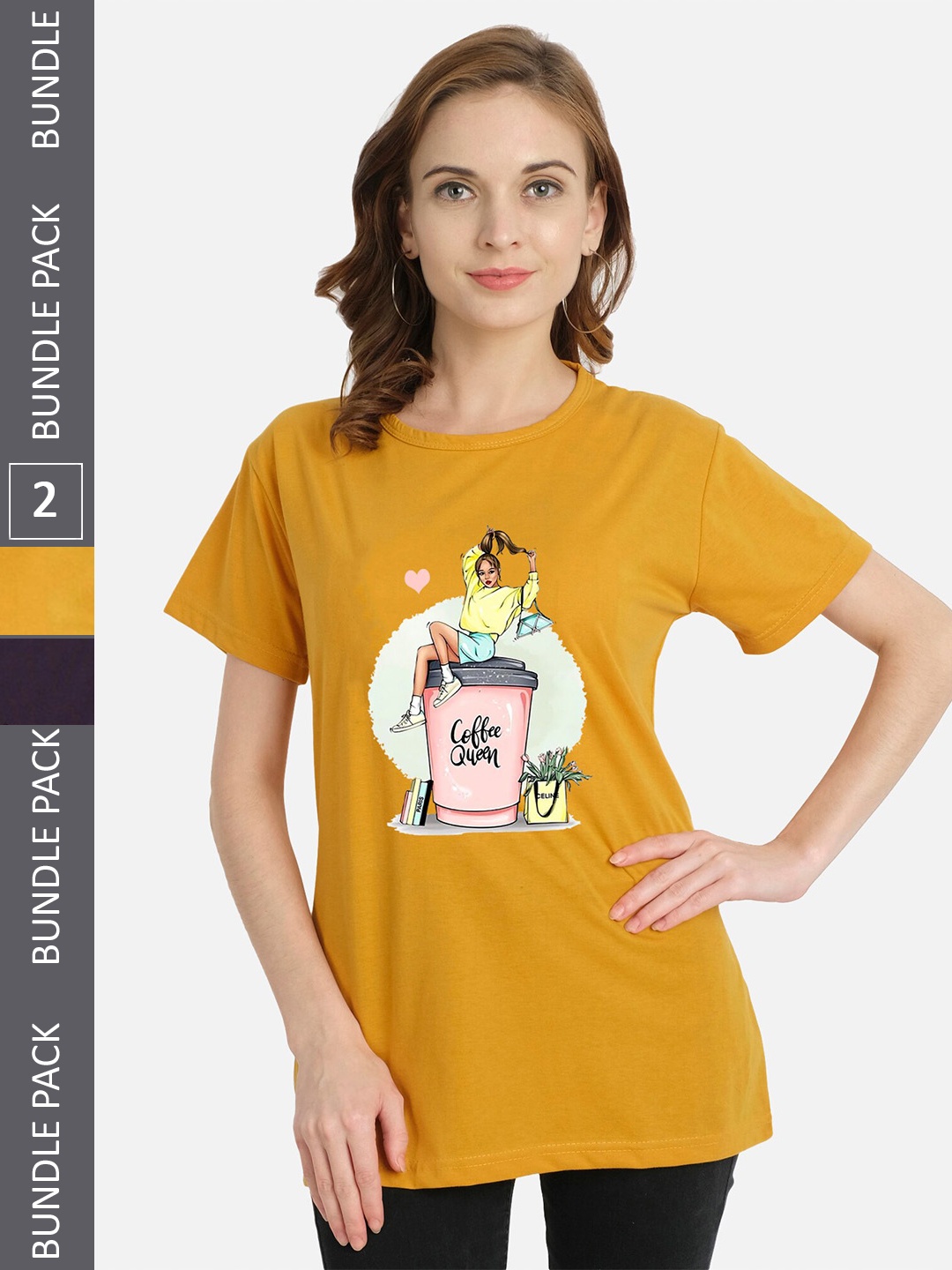 

CHOZI Pack of 2 Printed Cotton Knitted T-shirt, Mustard