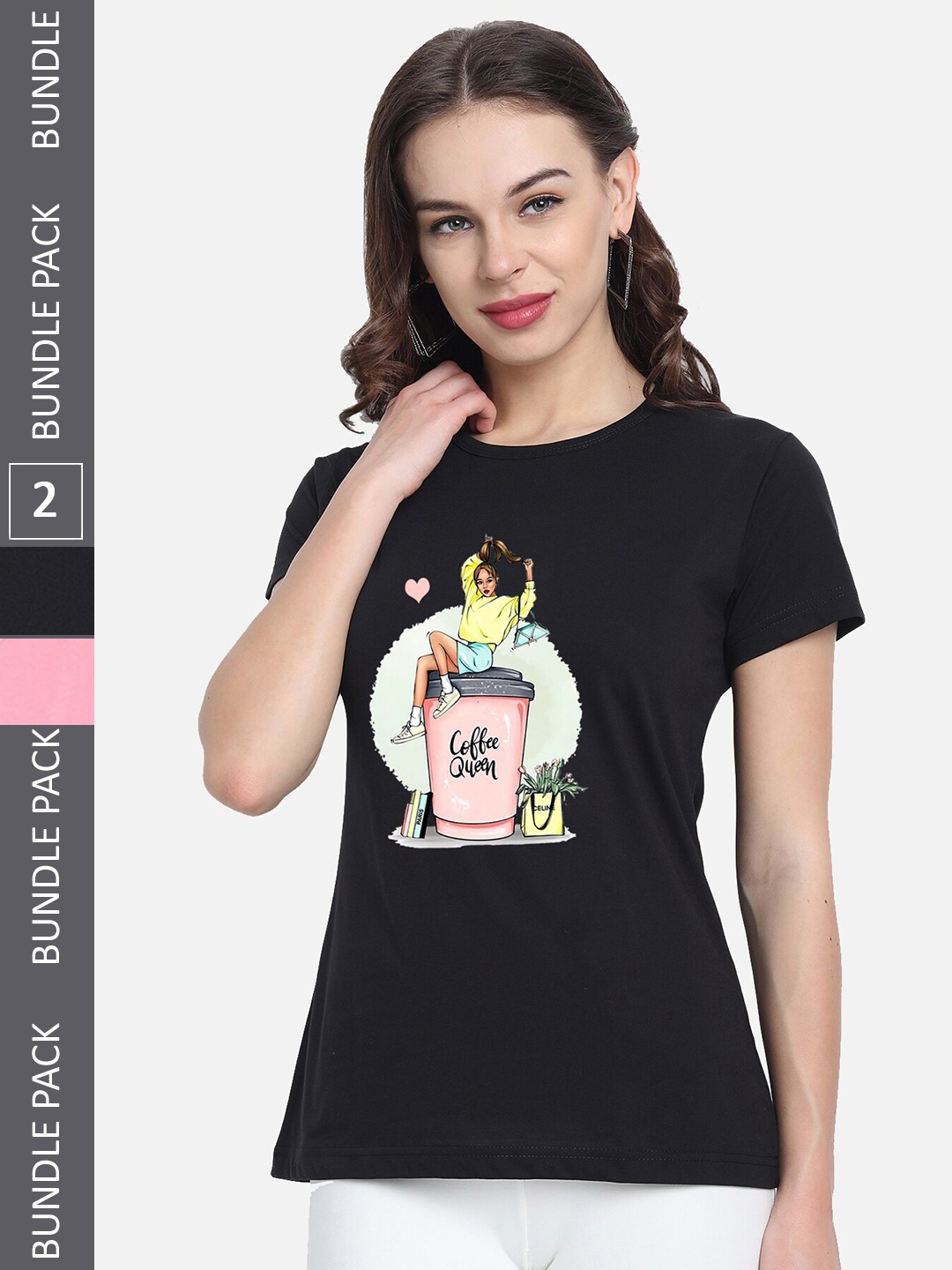 

CHOZI Pack Of 2 Printed Cotton Casual T-shirts, Black