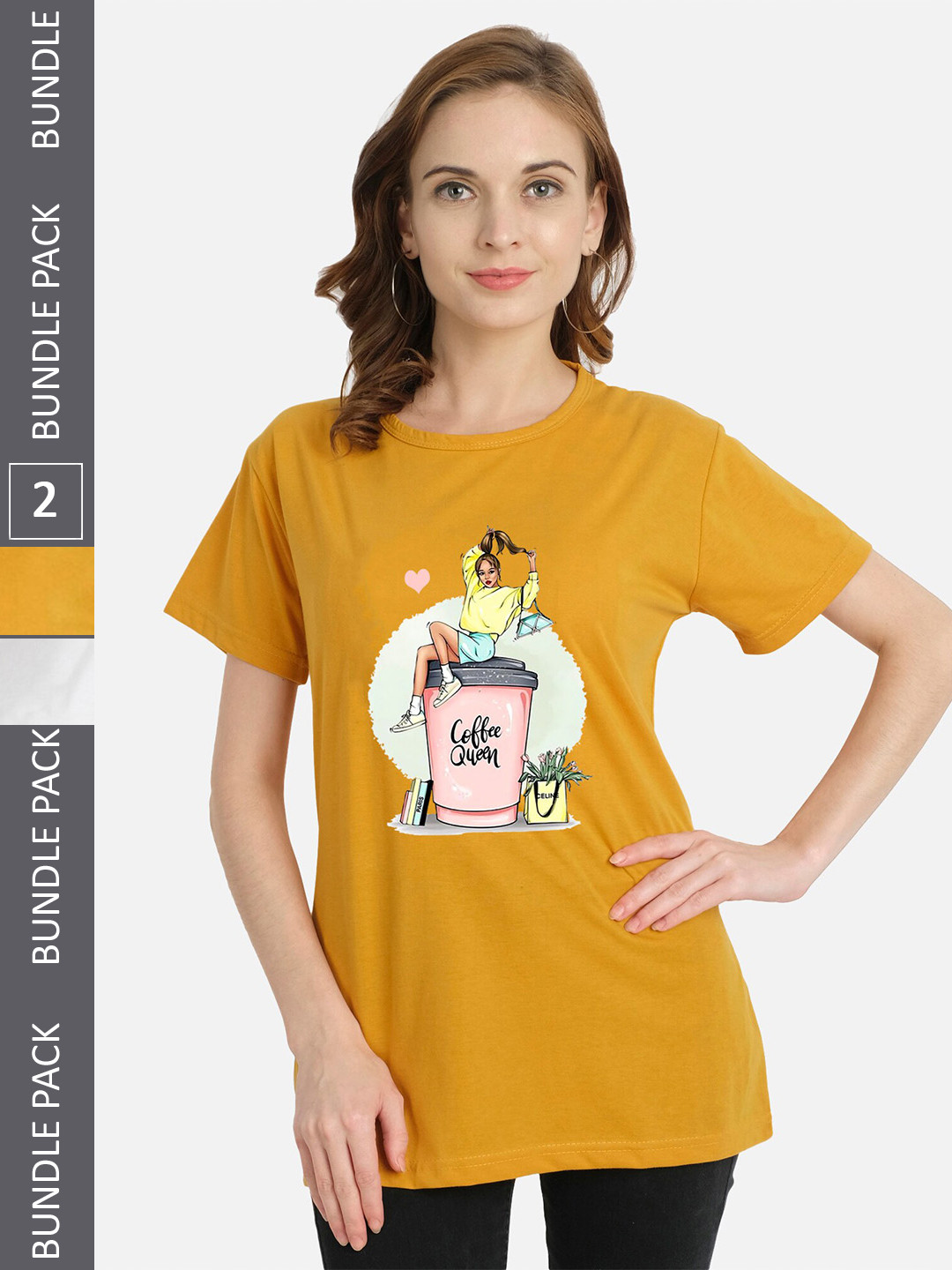 

CHOZI Pack Of 2 Printed Cotton Casual T-shirts, Mustard