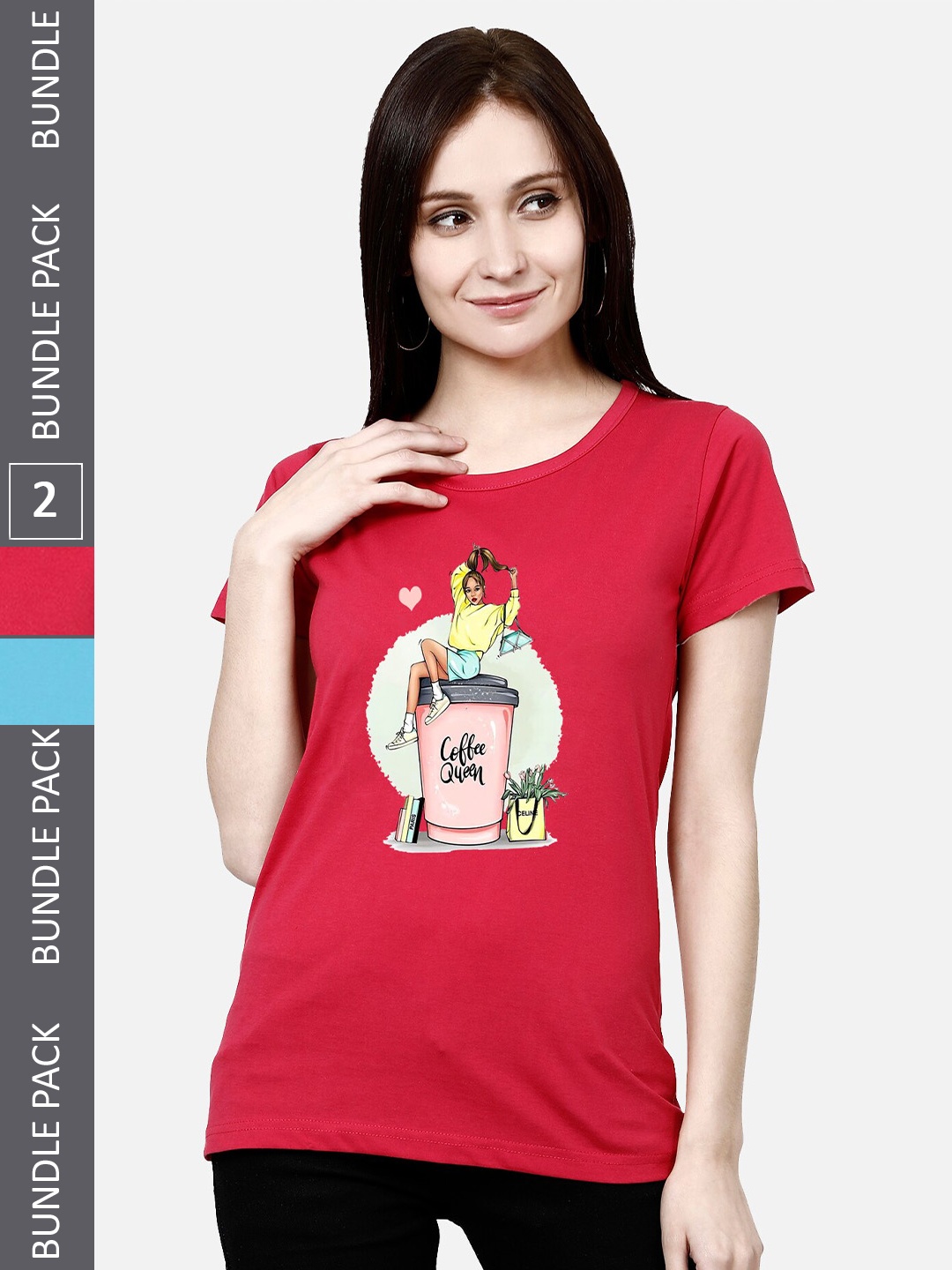 

CHOZI Pack Of 2 Printed Round Neck Cotton T-Shirt, Red