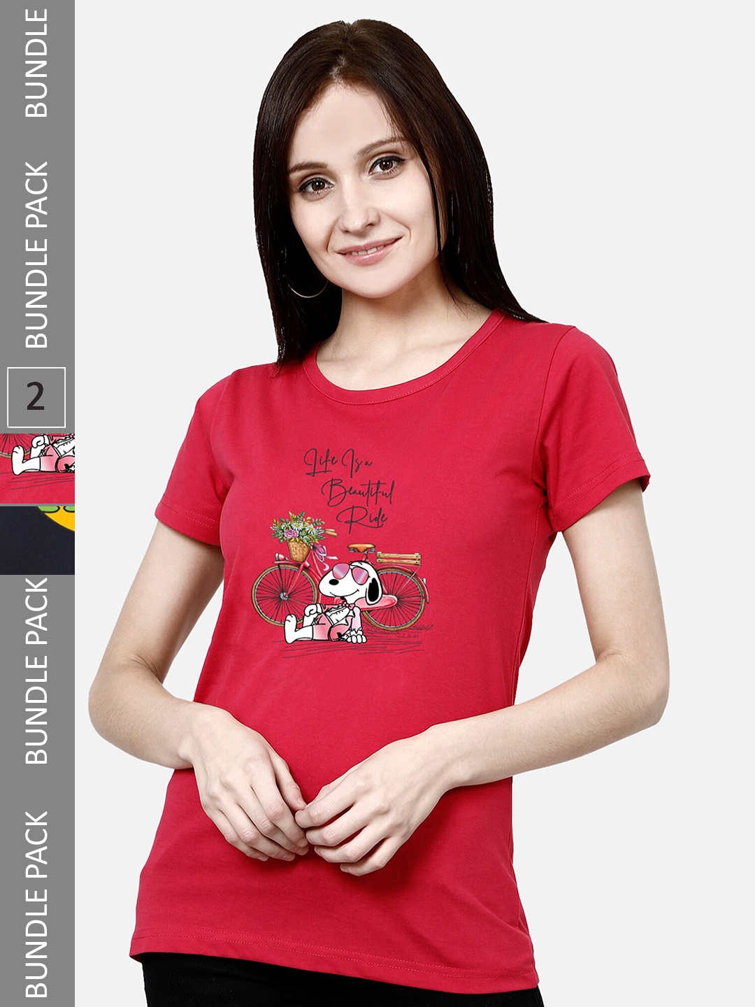 

CHOZI Pack Of 2 Printed Round Neck Cotton T-Shirt, Red