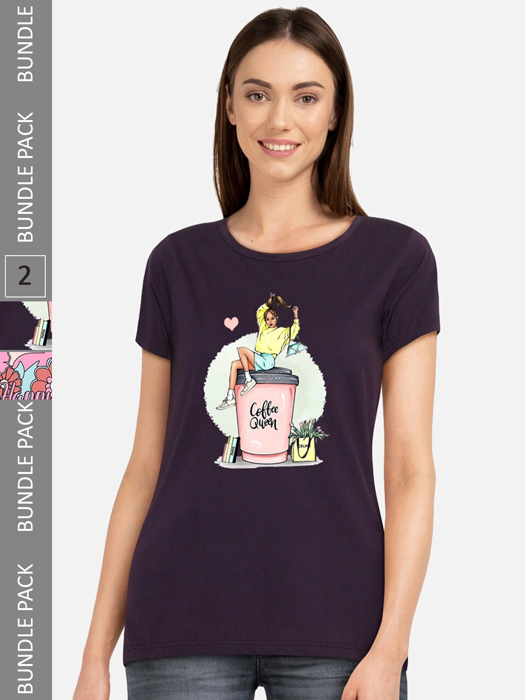 

CHOZI Pack Of 2 Printed Round Neck Cotton T-Shirt, Purple