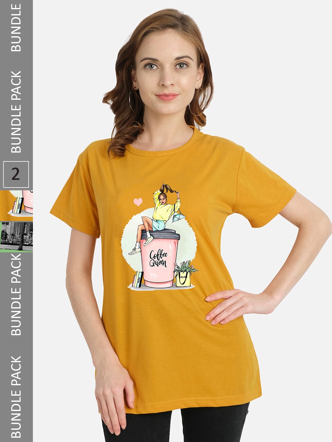 

CHOZI Pack of 2 Printed Cotton T-shirt, Mustard