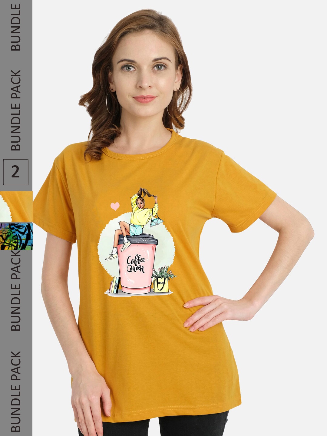 

CHOZI Pack Of 2 Printed Regular Fit Cotton Casual T-shirt, Mustard