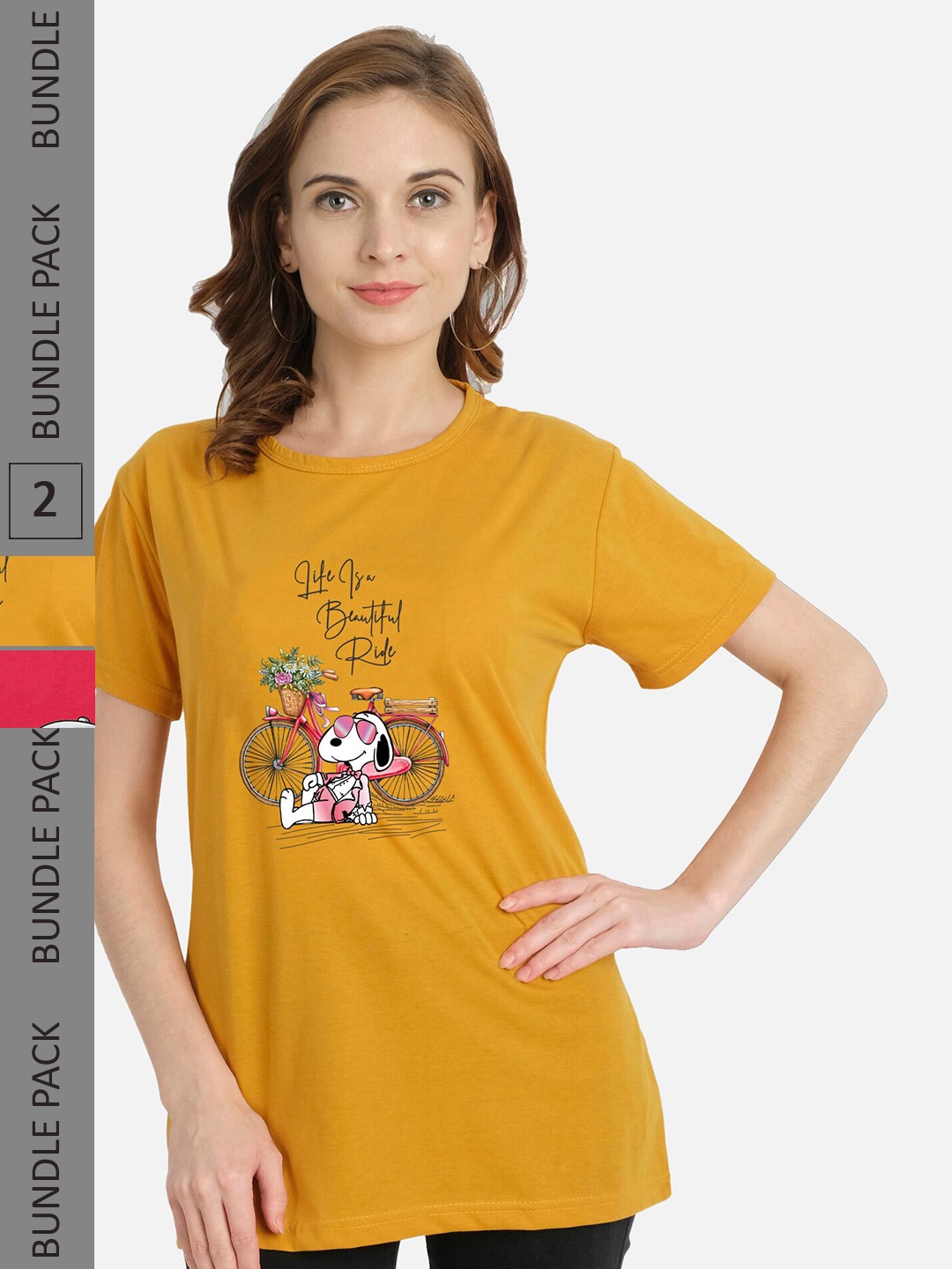 

CHOZI Pack of 2 Printed Cotton T-shirt, Mustard
