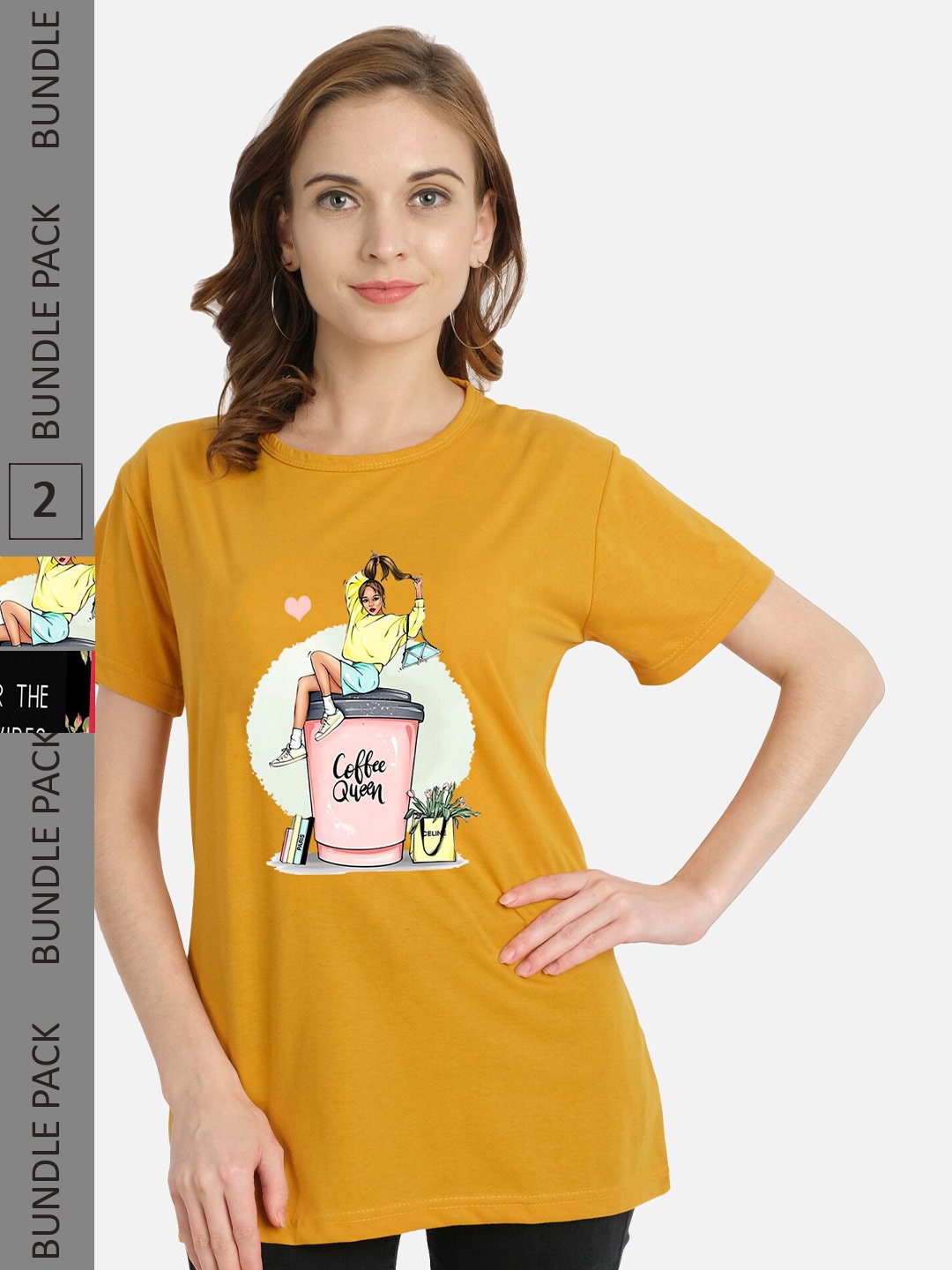 

CHOZI Pack of 2 Printed Cotton T-shirt, Mustard