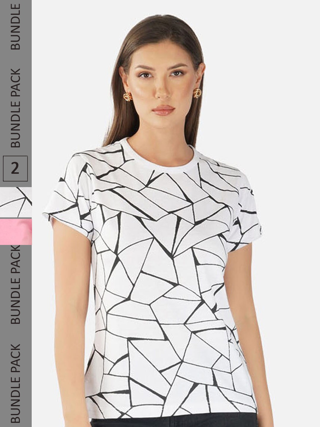 

CHOZI Pack Of 2 Geometric Printed Cotton T-shirt, White