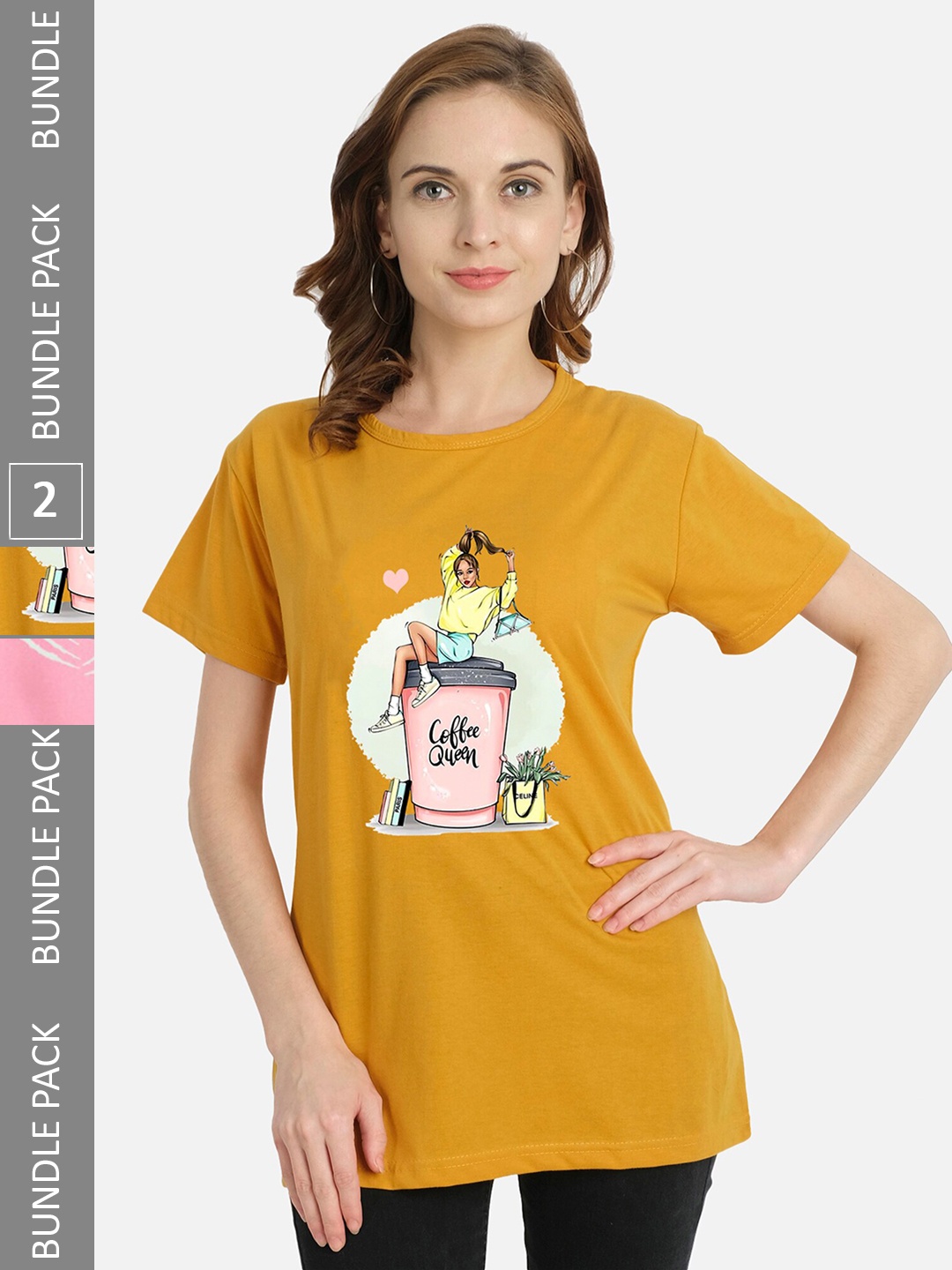 

CHOZI Pack Of 2 Graphic Printed Cotton T-shirt, Mustard
