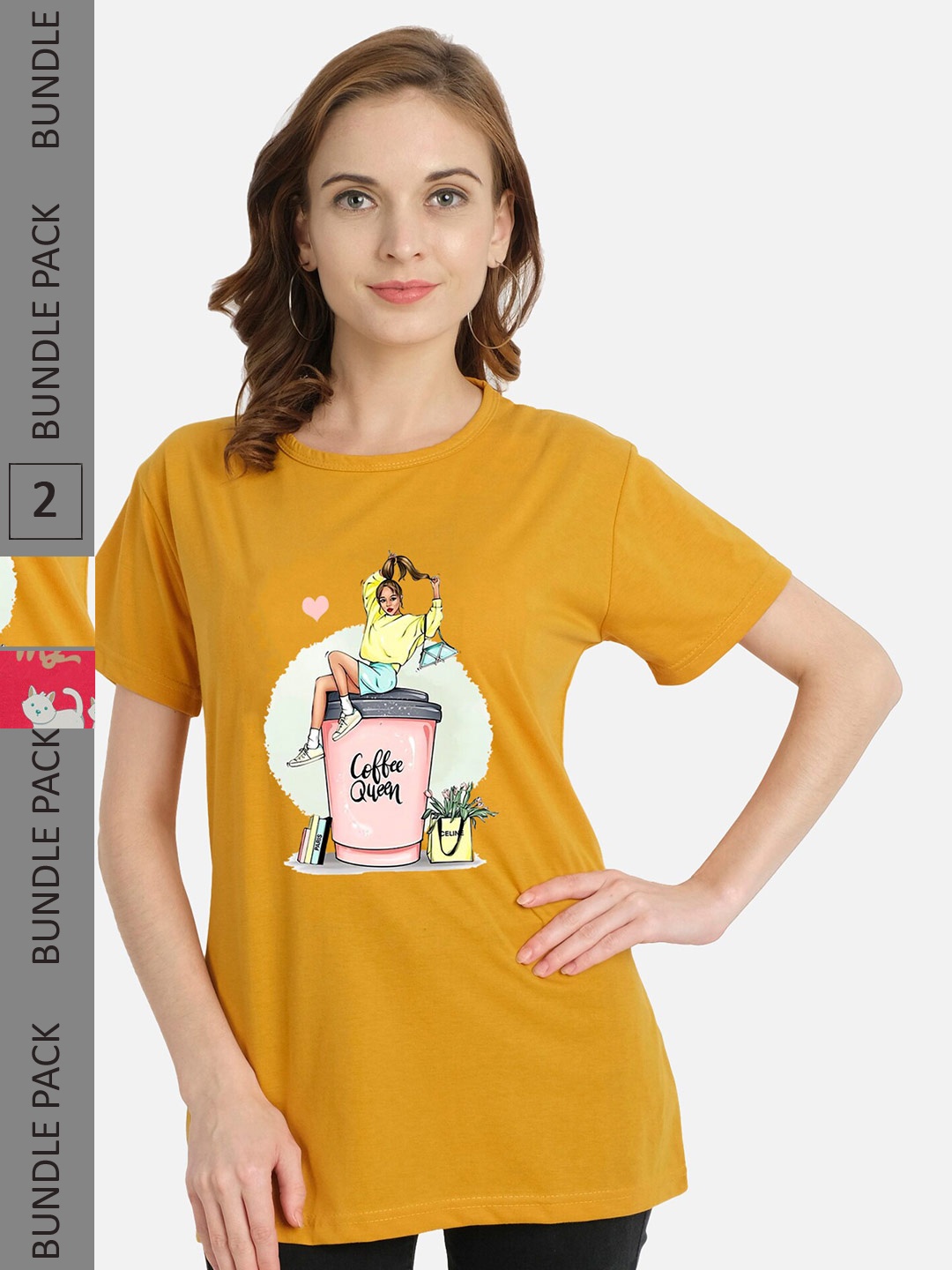 

CHOZI Pack Of 2 Printed Regular Fit Cotton Casual T-shirt, Mustard