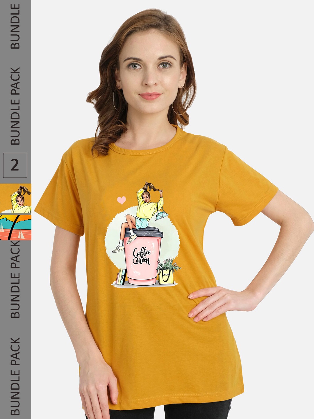 

CHOZI Pack Of 2 Graphic Printed Cotton T-shirt, Mustard