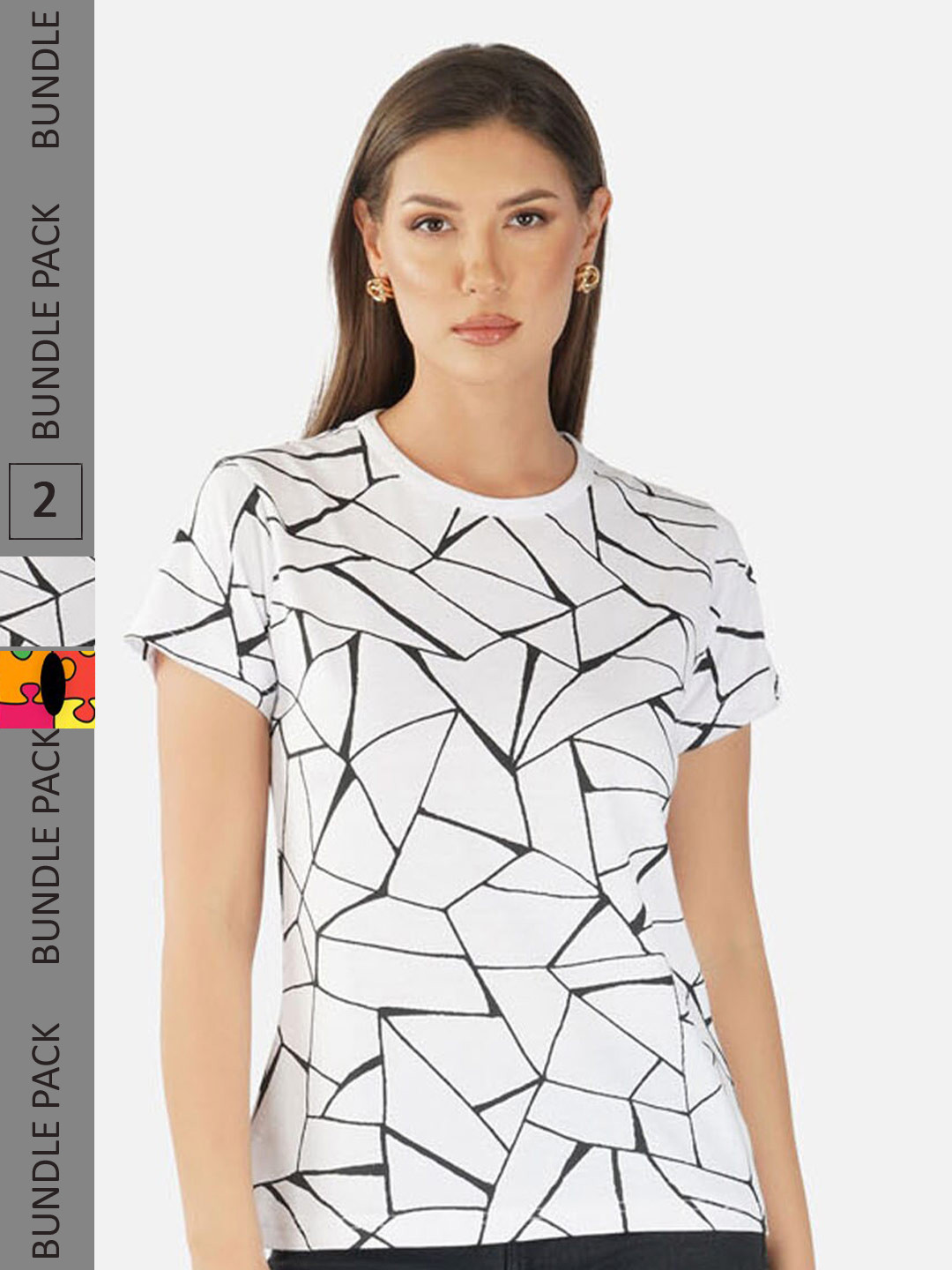 

CHOZI Pack Of 2 Geometric Printed Cotton T-shirt, White