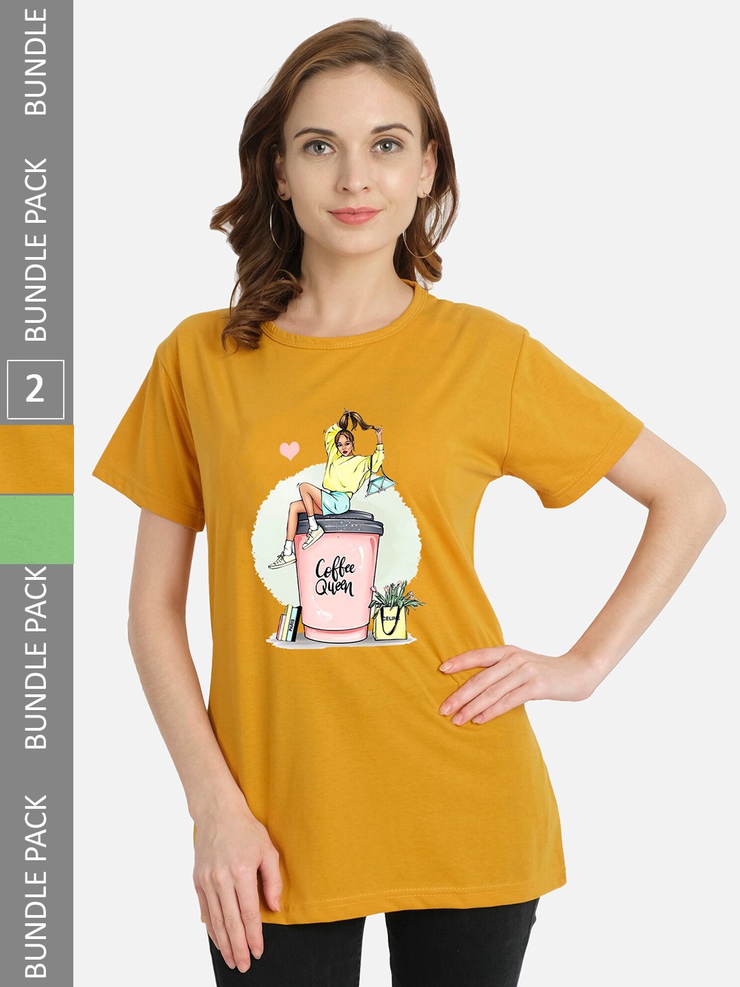 

CHOZI Pack Of 2 Typography Printed Round Neck Regular Fit Cotton T-Shirt, Mustard