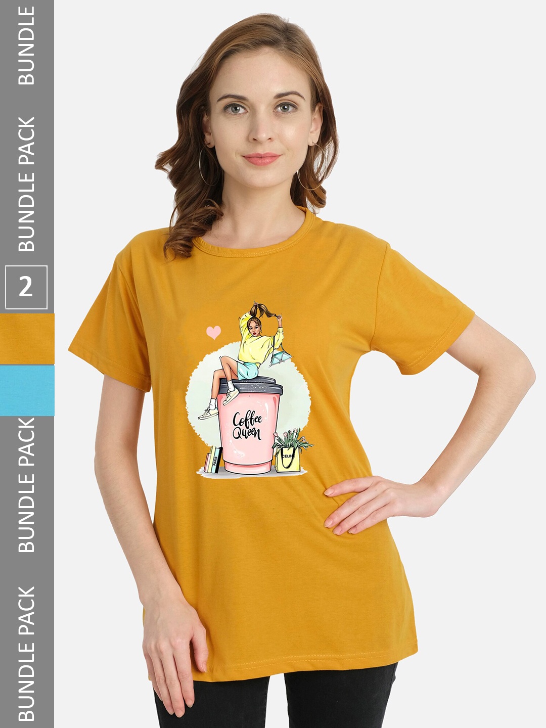 

CHOZI Pack Of 2 Graphic Printed Round Neck Regular Fit Cotton T-Shirt, Mustard
