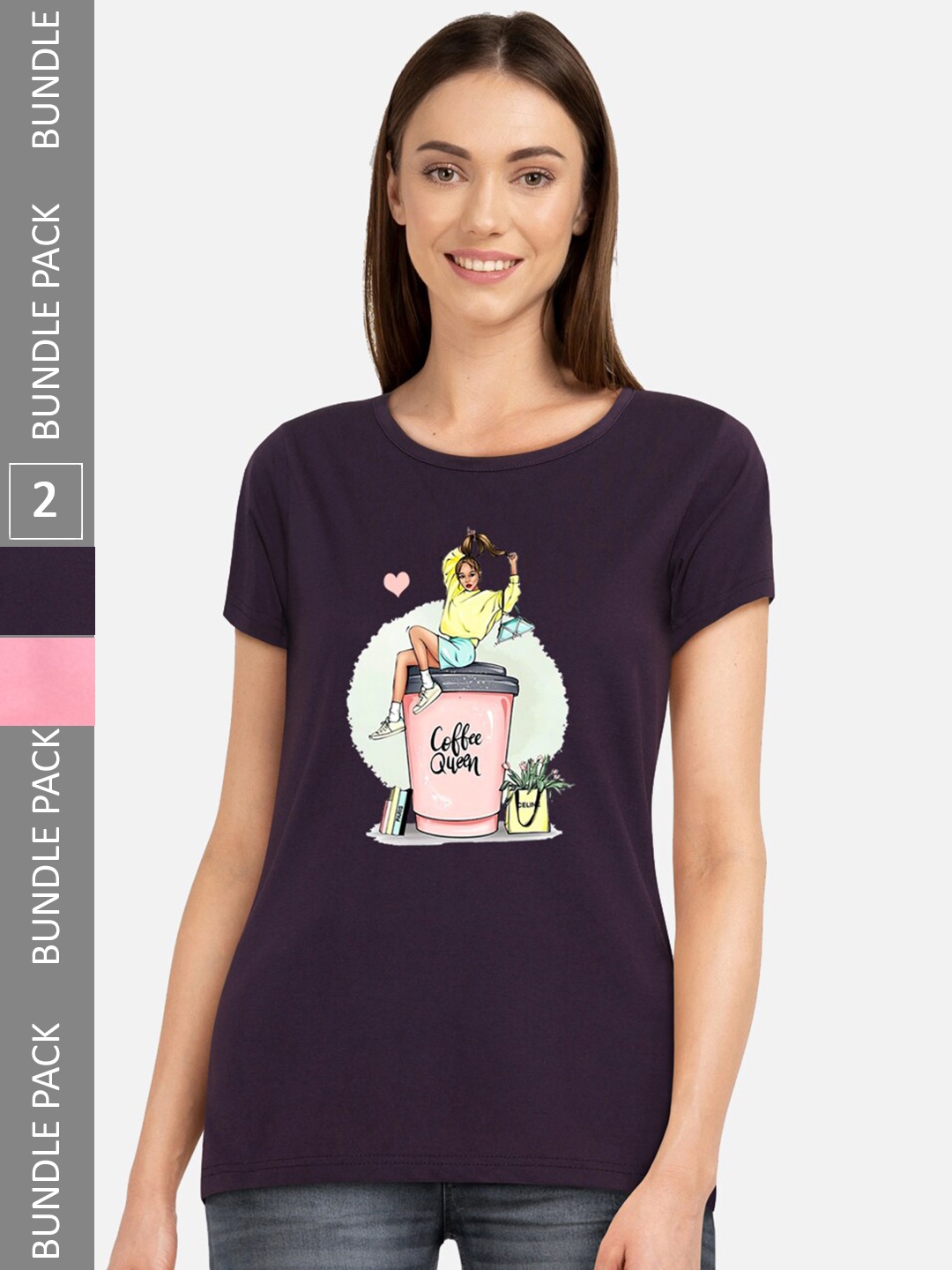 

CHOZI Pack Of 2 Graphic Printed Cotton T-shirts, Purple