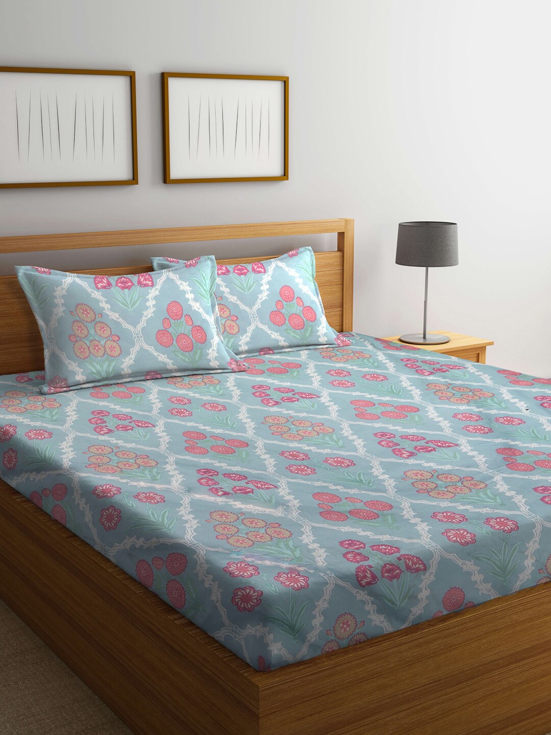 

FABINALIV Green & Pink Floral Print 300 TC Super King Size Bedsheet with 2 Pillow Covers