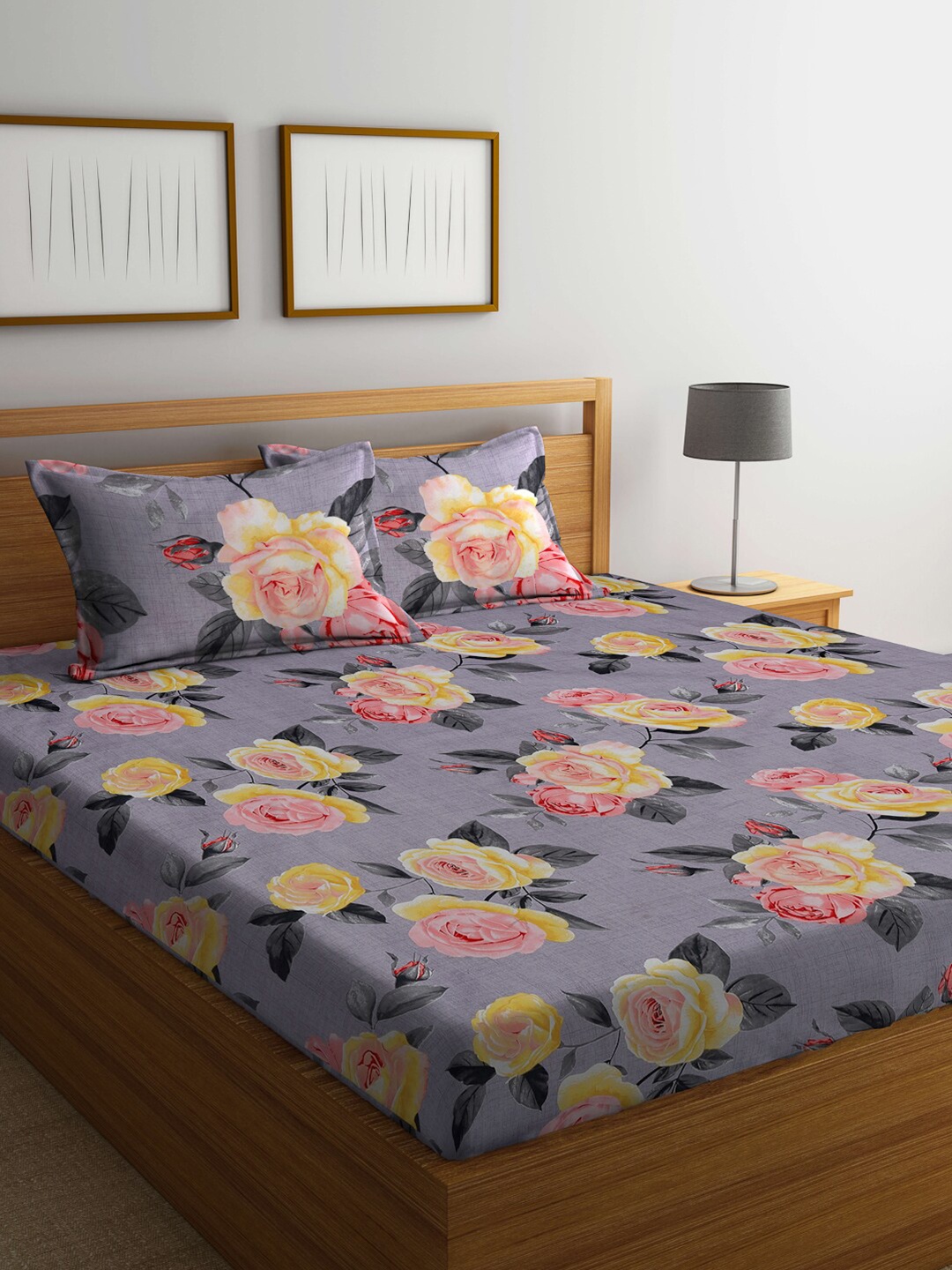 

FABINALIV Purple & Pink Floral Print 300 TC Super King Size Bedsheet with 2 Pillow Covers