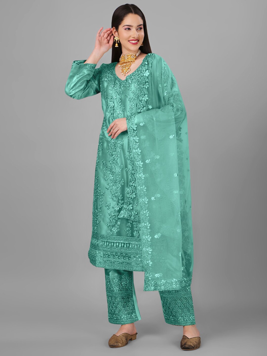 

Angroop Embroidered Semi-Stitched Dress Material, Turquoise blue