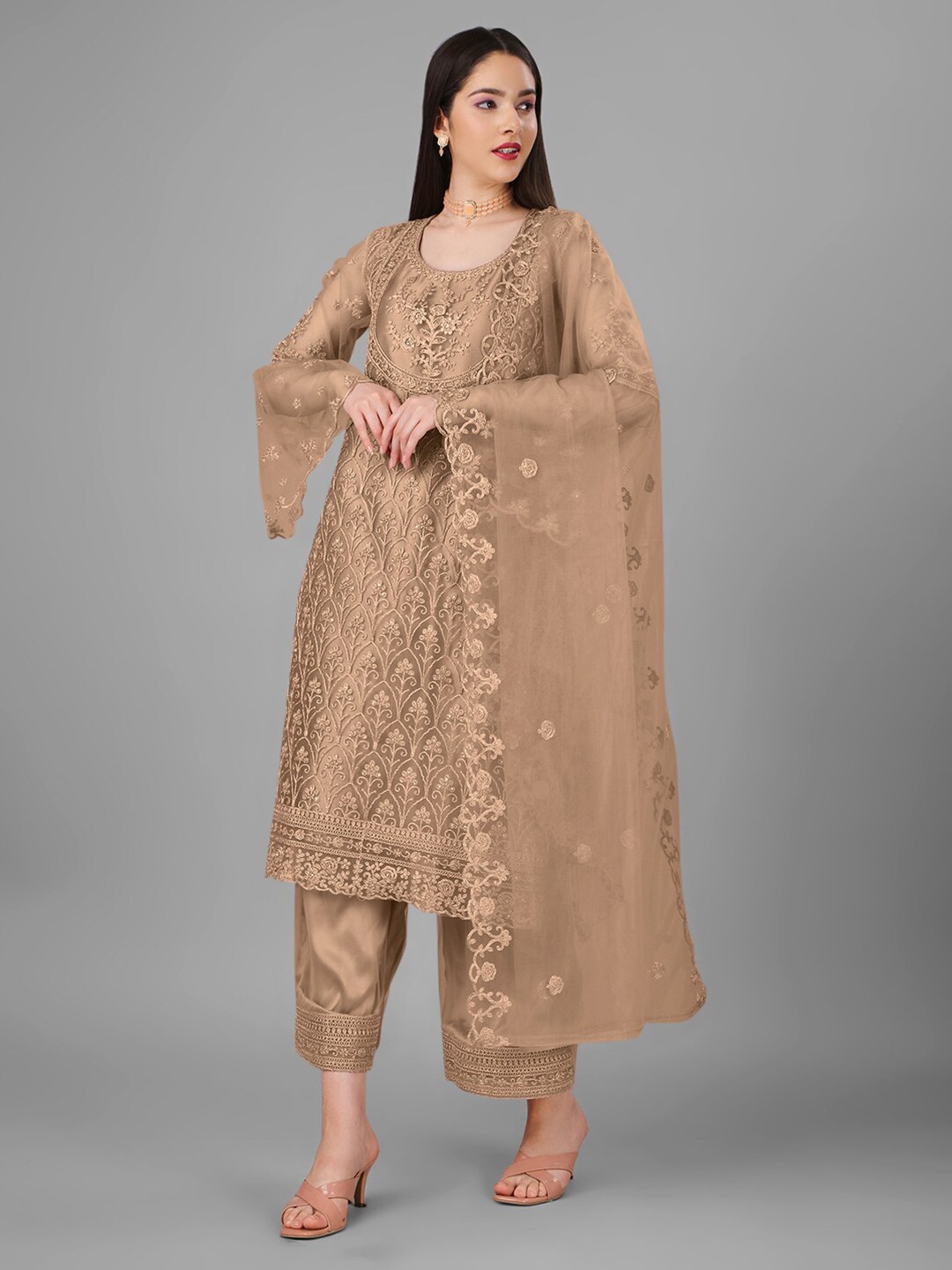 

Angroop Embroidered Semi-Stitched Dress Material, Beige