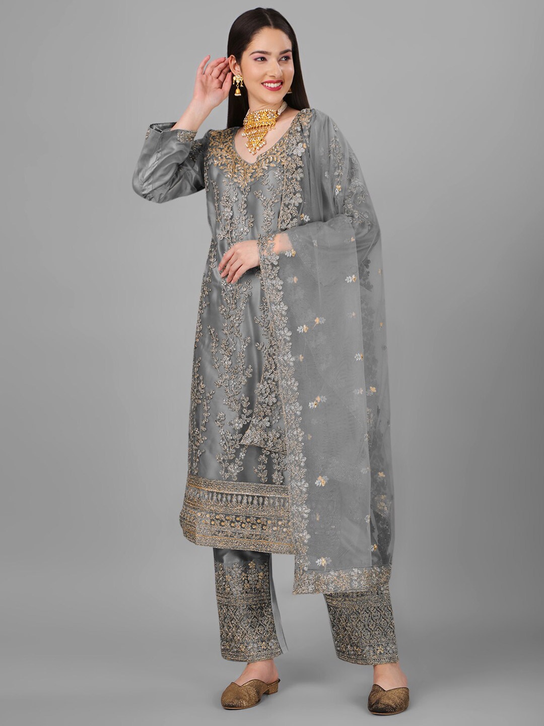 

Angroop Embroidered Semi-Stitched Net Dress Material, Grey