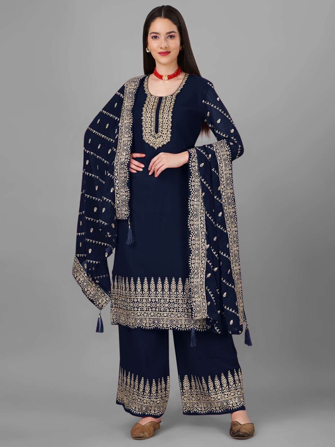 

Angroop Ethnic Motifs Embroidered Semi-Stitched Georgette Dress Material, Navy blue