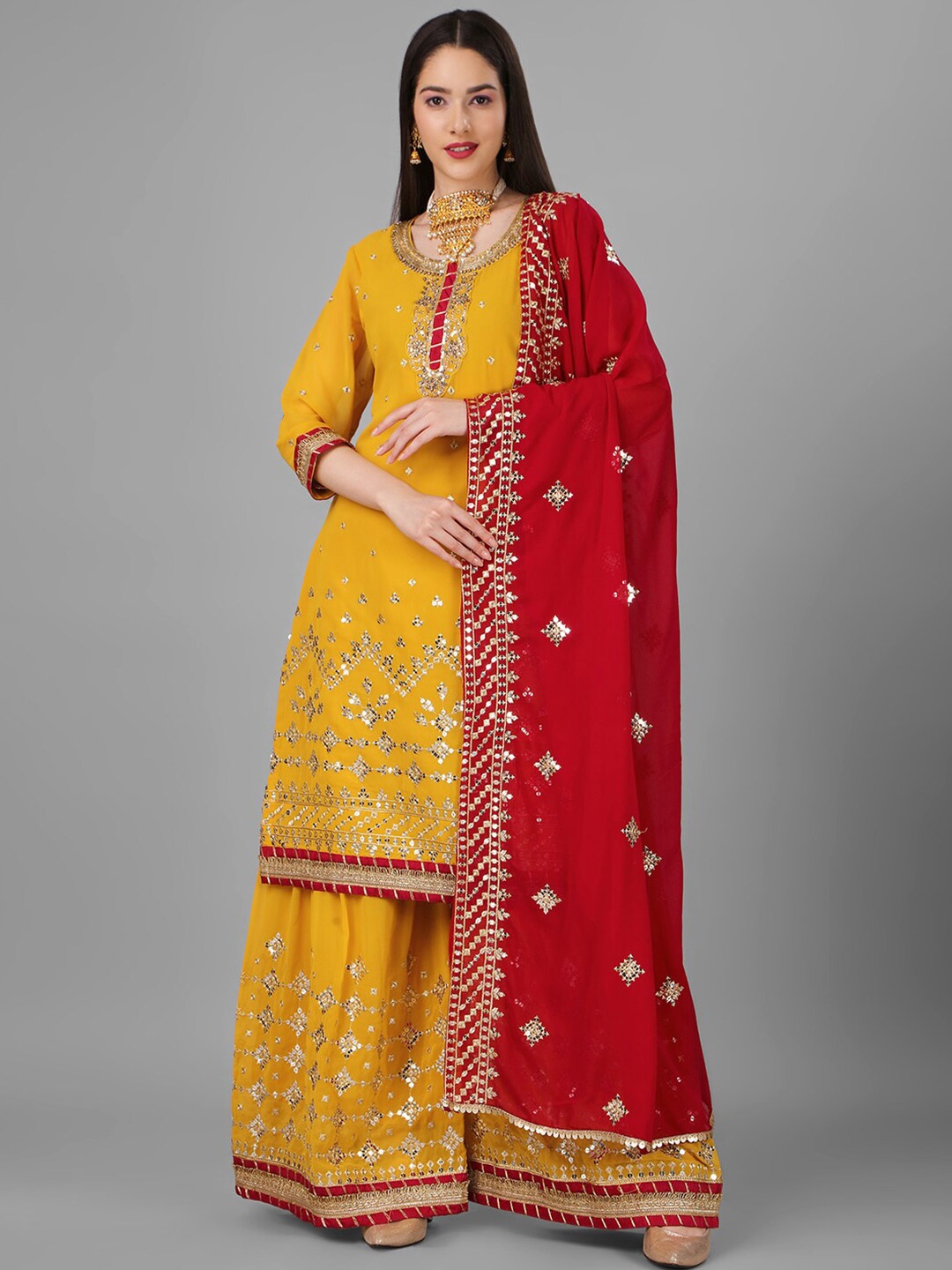 

Angroop Ethnic Motifs Embroidered Georgette Semi-Stitched Dress Material, Yellow