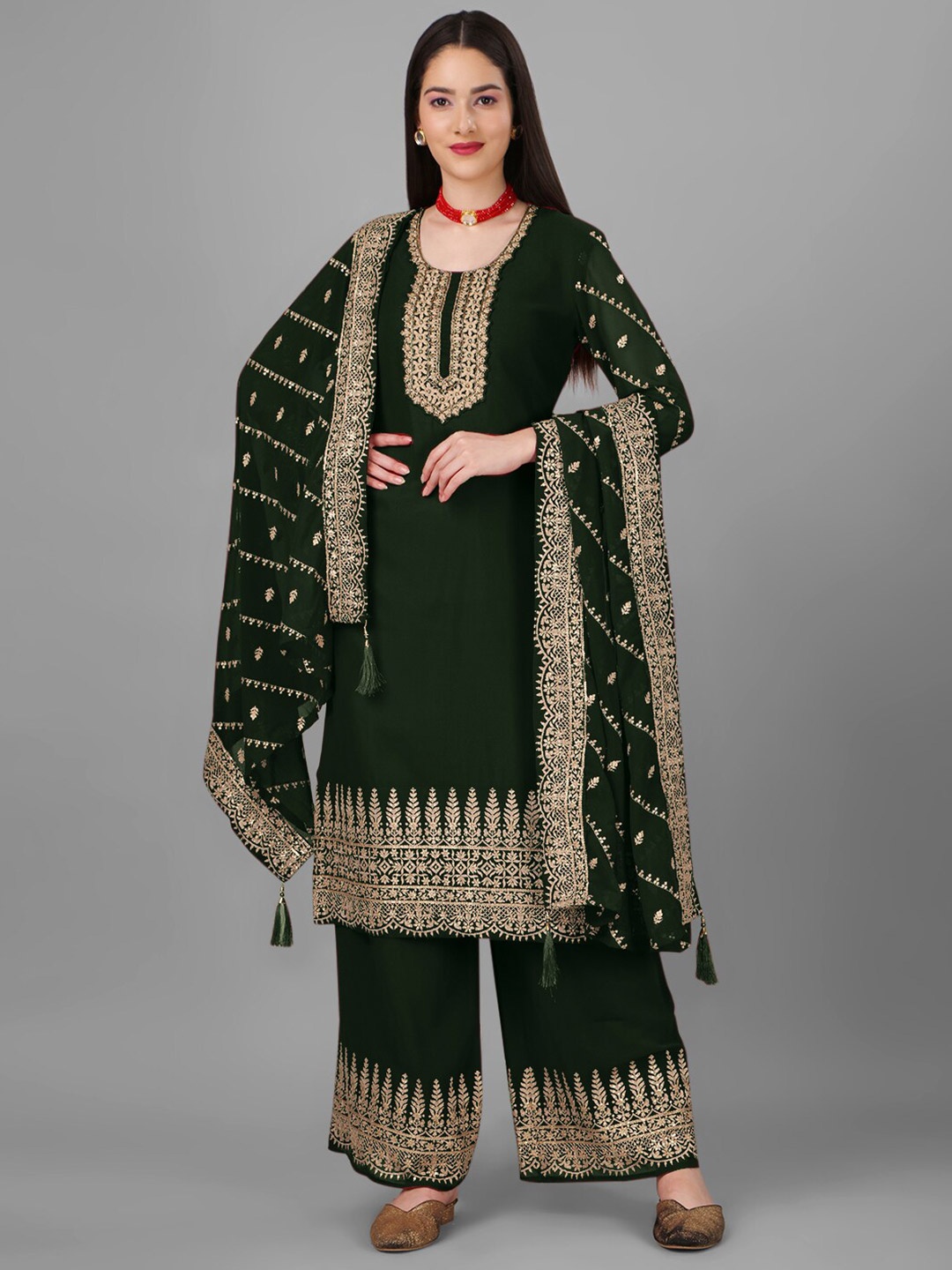 

Angroop Ethnic Motifs Embroidered Semi-Stitched Georgette Dress Material, Green