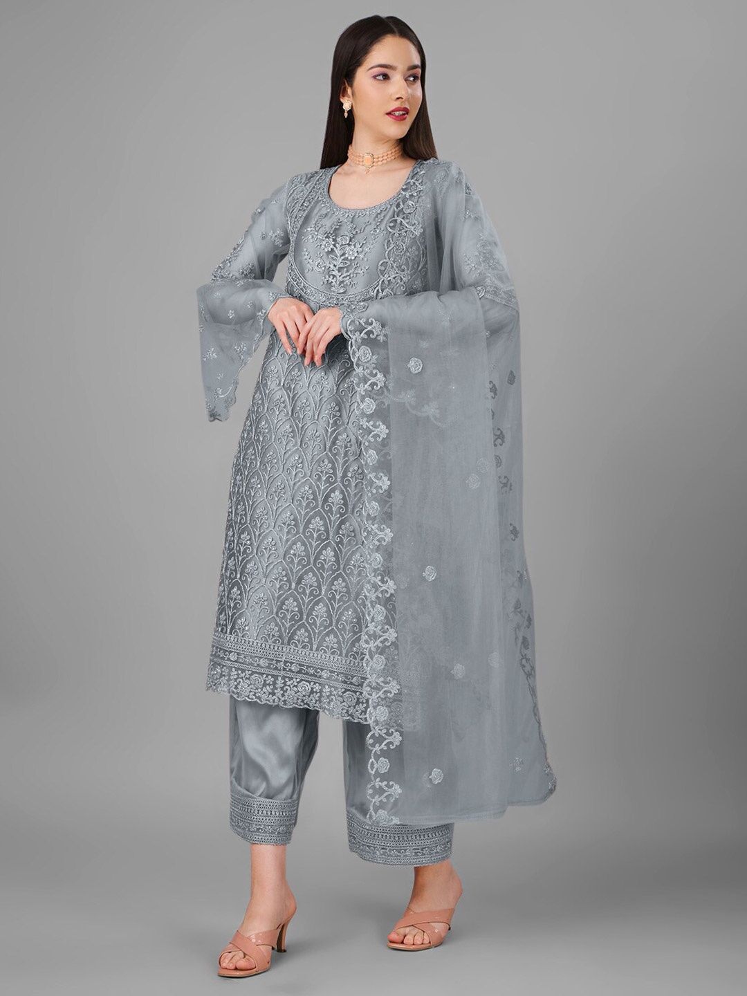 

Angroop Ethnic Motifs Embroidered Semi-Stitched Net Dress Material, Grey